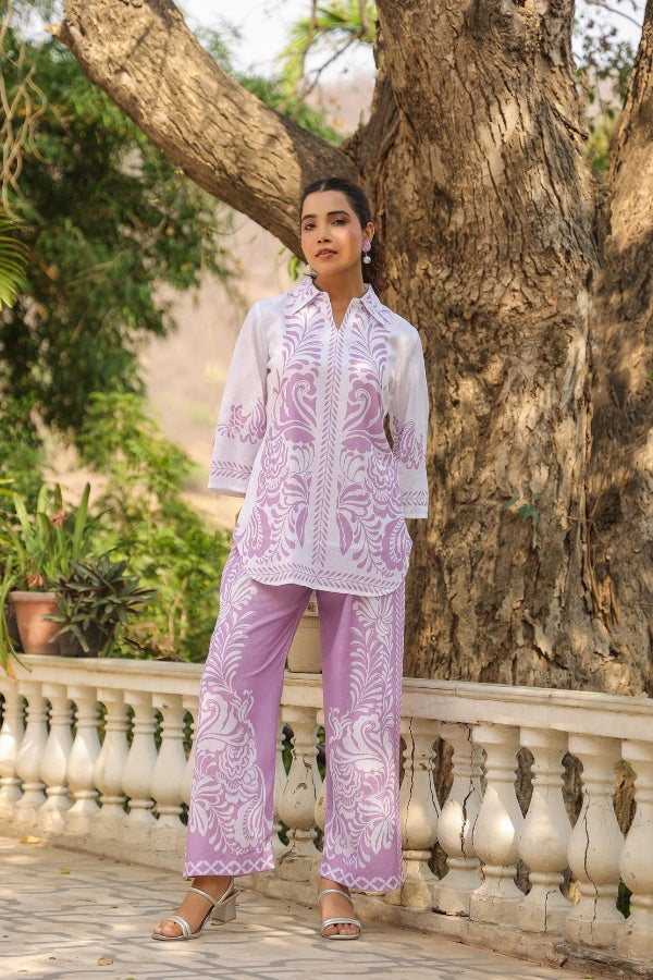 Lavender & White Ethnic Print Co-Ord Set for Women Stylish Printed Top & Pant Set
