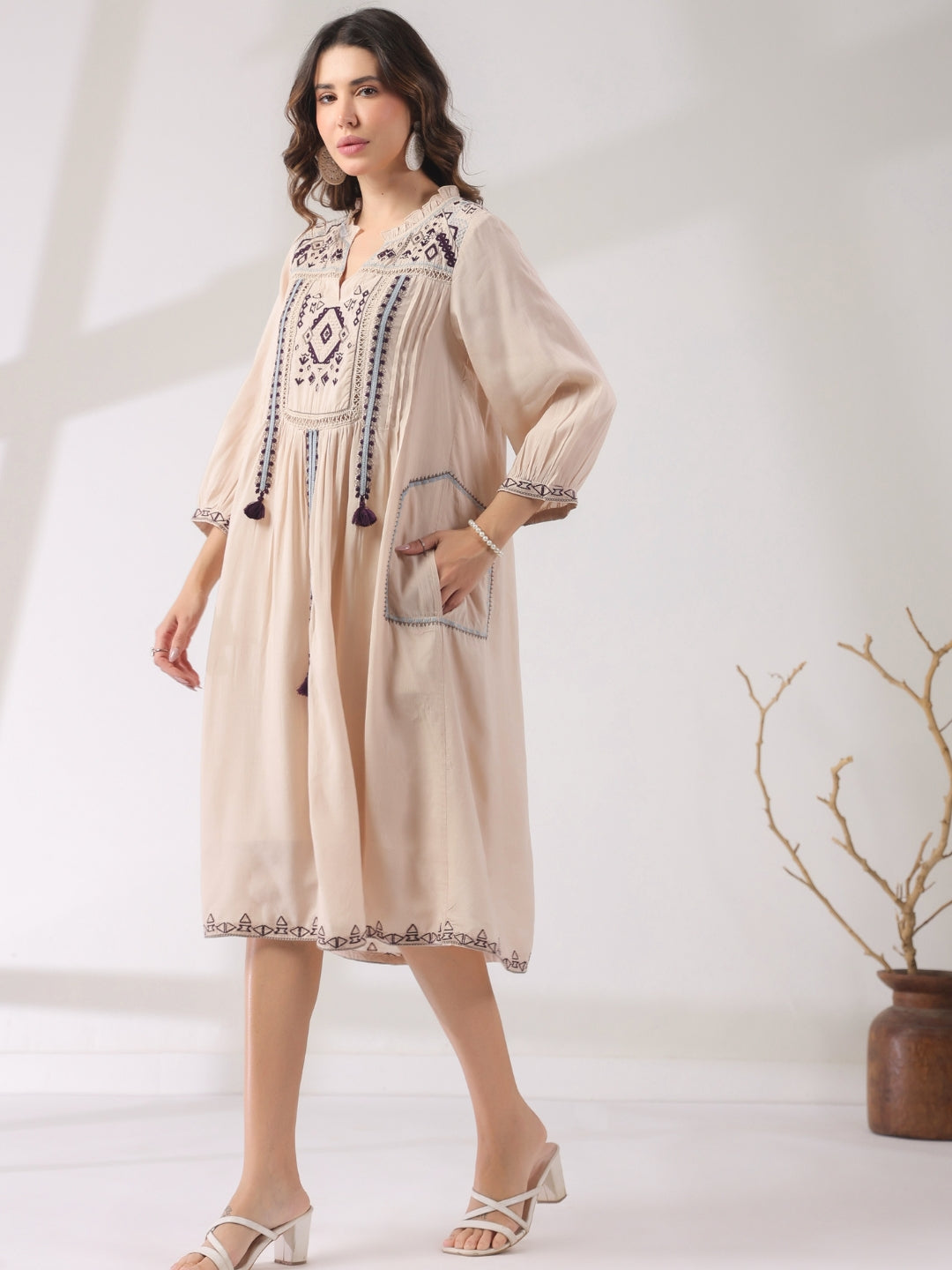 🤍 Elegant White Hand-Embroidered Midi Dress