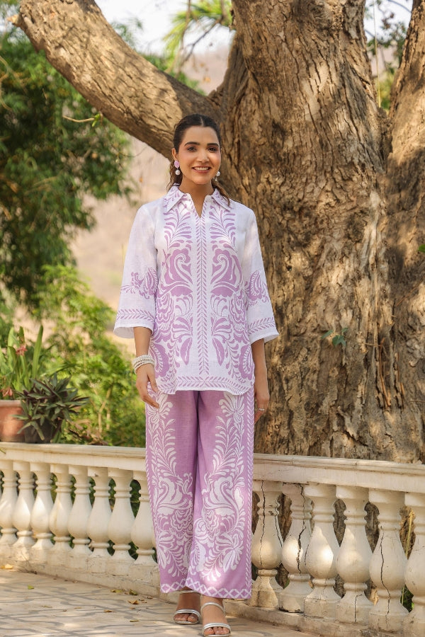 Lavender & White Ethnic Print Co-Ord Set for Women Stylish Printed Top & Pant Set