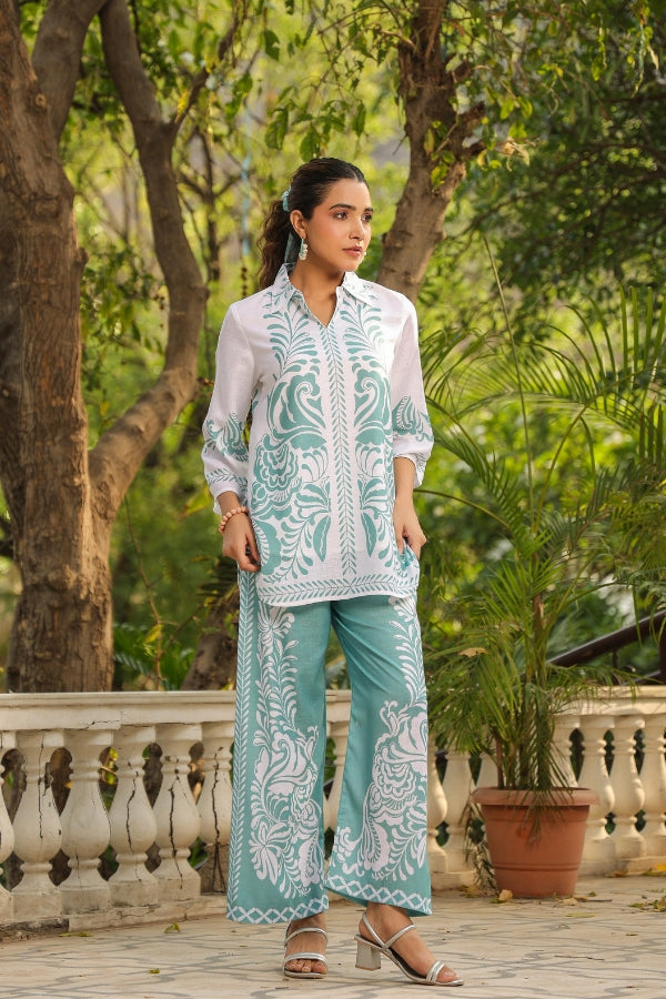 Light Green & White Ethnic Print Co-Ord Set for Women