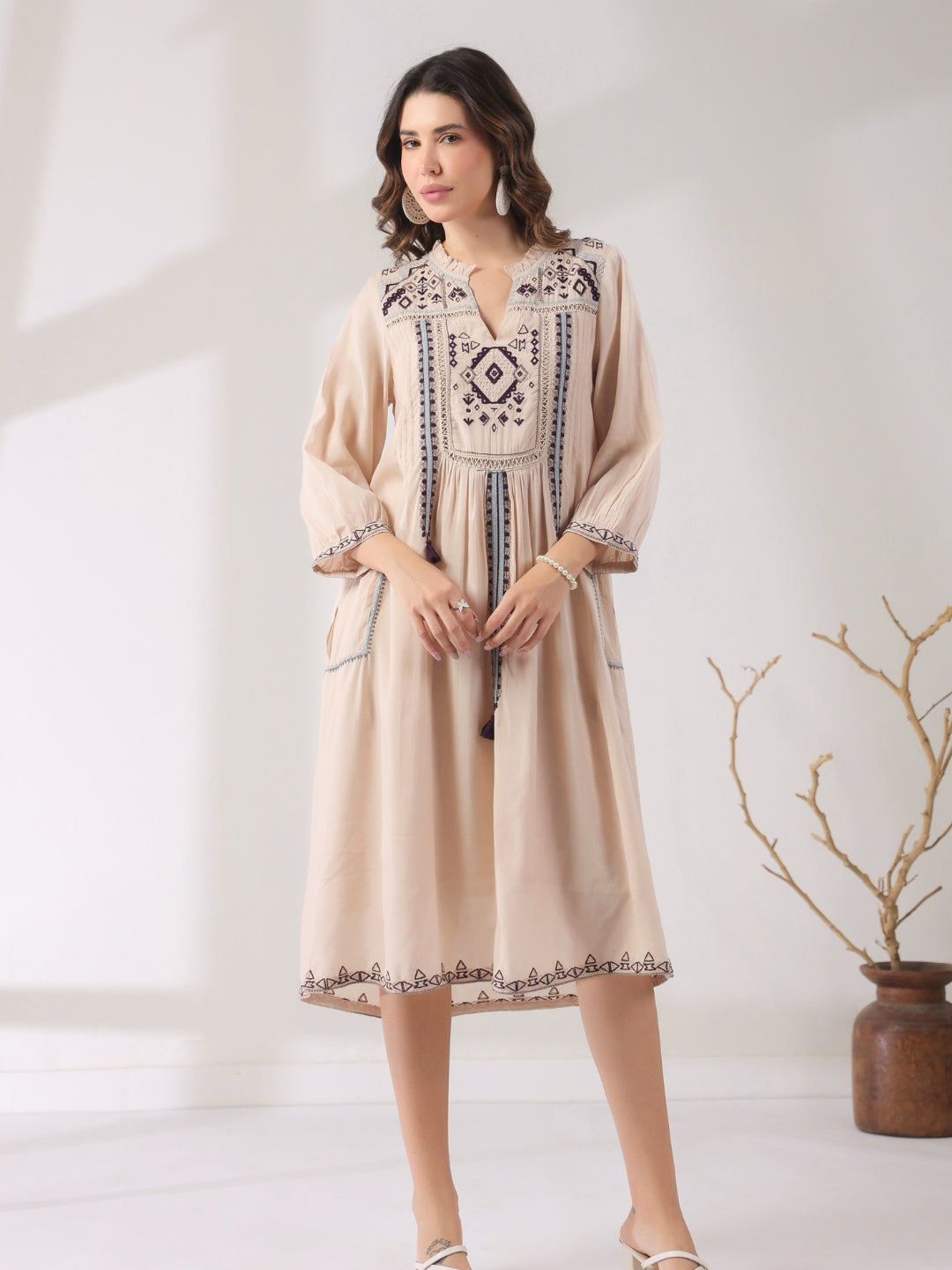 🤍 Elegant White Hand-Embroidered Midi Dress