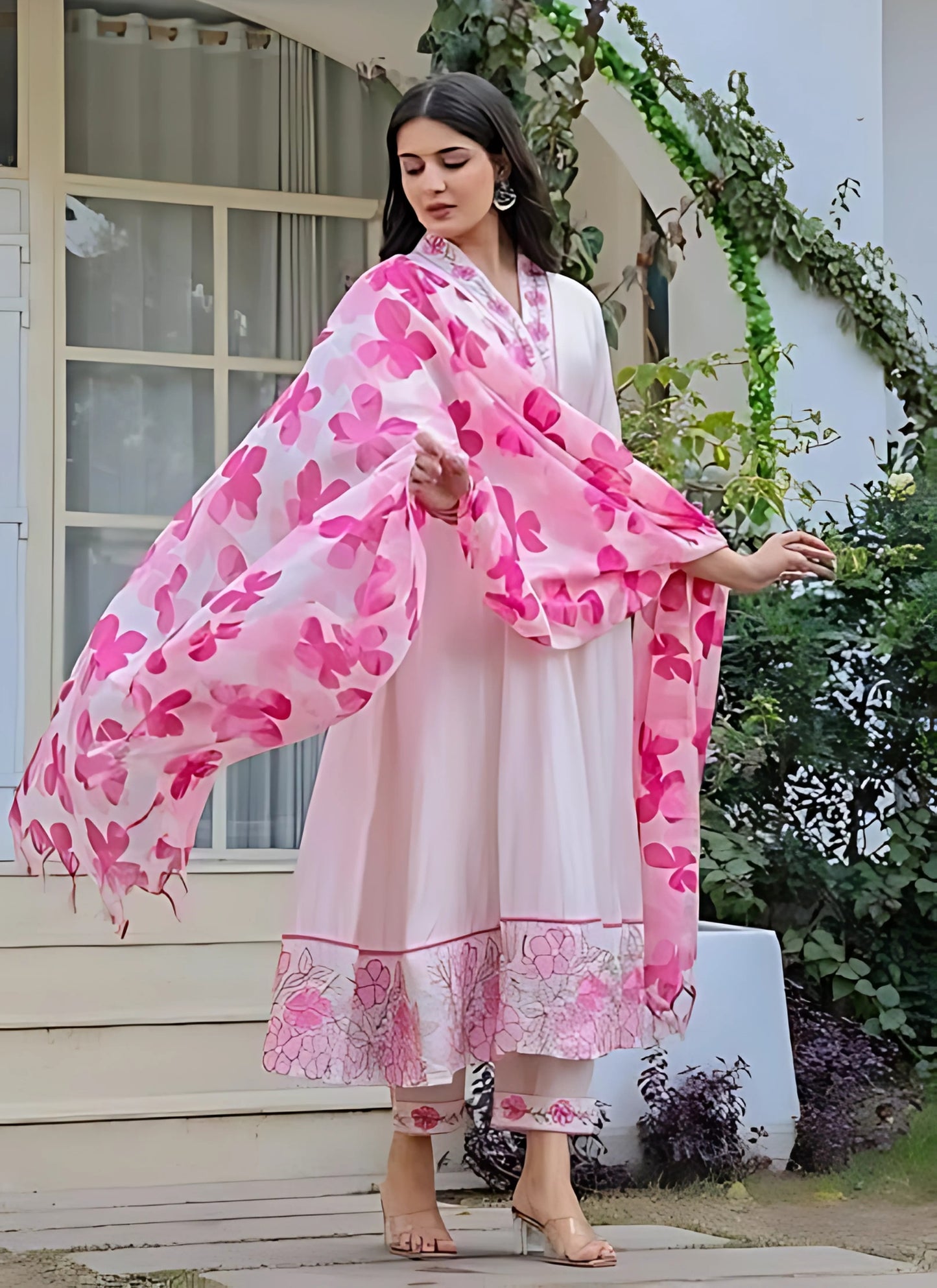 Women’s Cotton Light Pink Embroidery Anarkali Kurta Set with Printed Dupatta