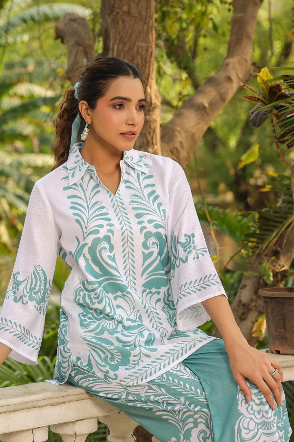 Light Green & White Ethnic Print Co-Ord Set for Women