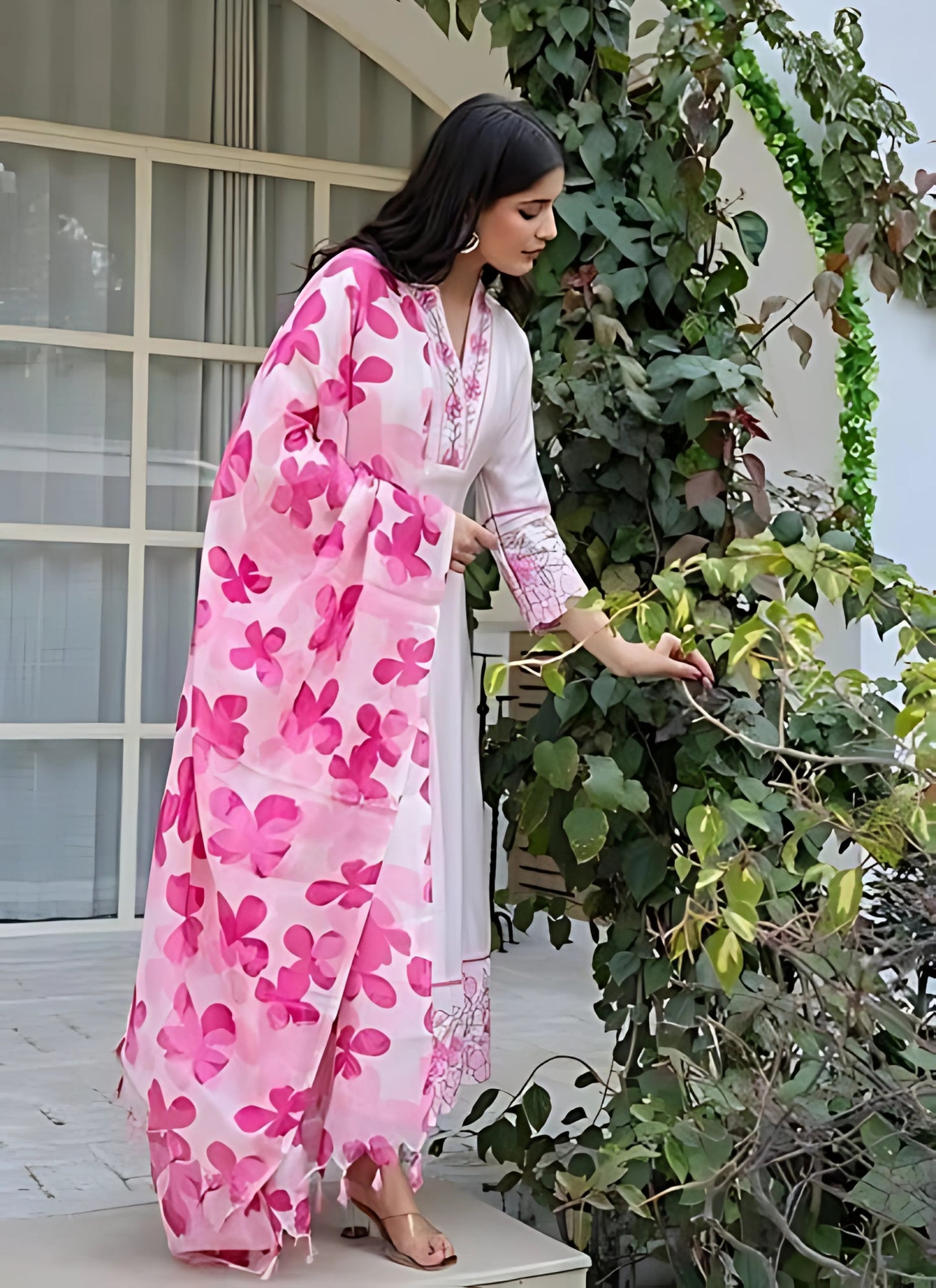 Women’s Cotton Light Pink Embroidery Anarkali Kurta Set with Printed Dupatta