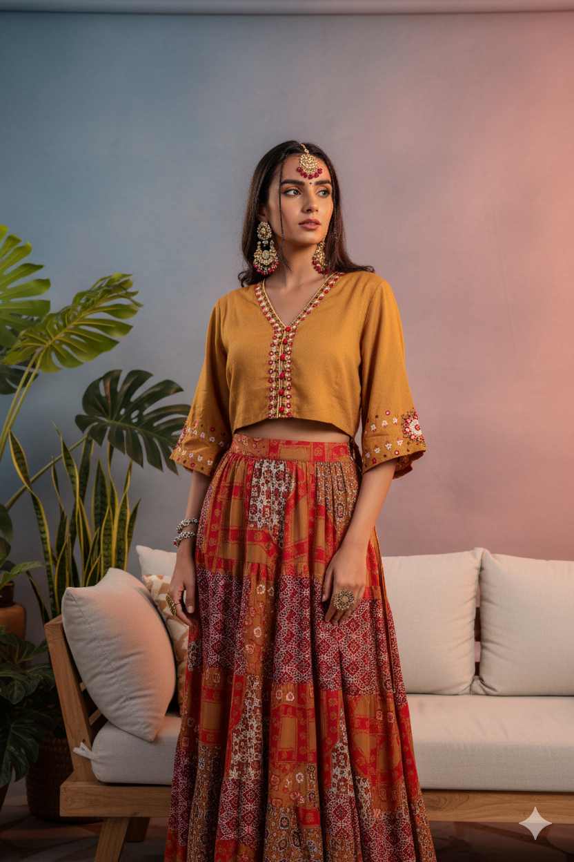 🔥 Boho Royalty Mustard & Red Lehenga Set – Spin, Sparkle & Slay
