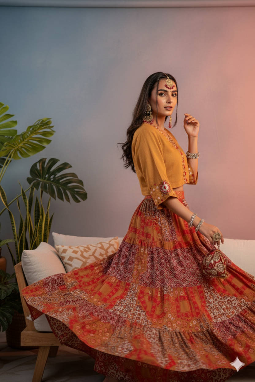 🔥 Boho Royalty Mustard & Red Lehenga Set – Spin, Sparkle & Slay