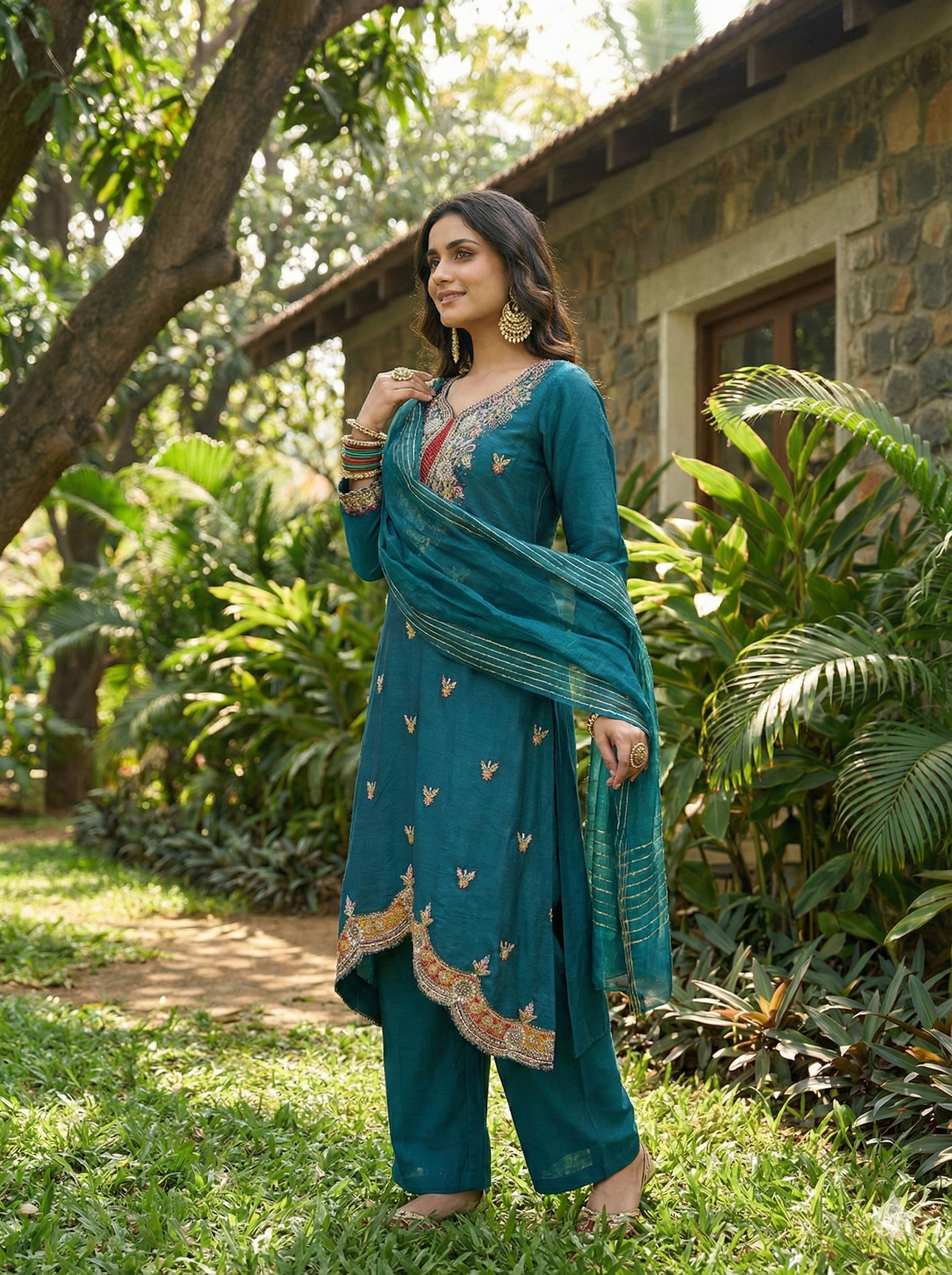 Ruby Blue Indo Western Kurta and Pant with Dupatta Set