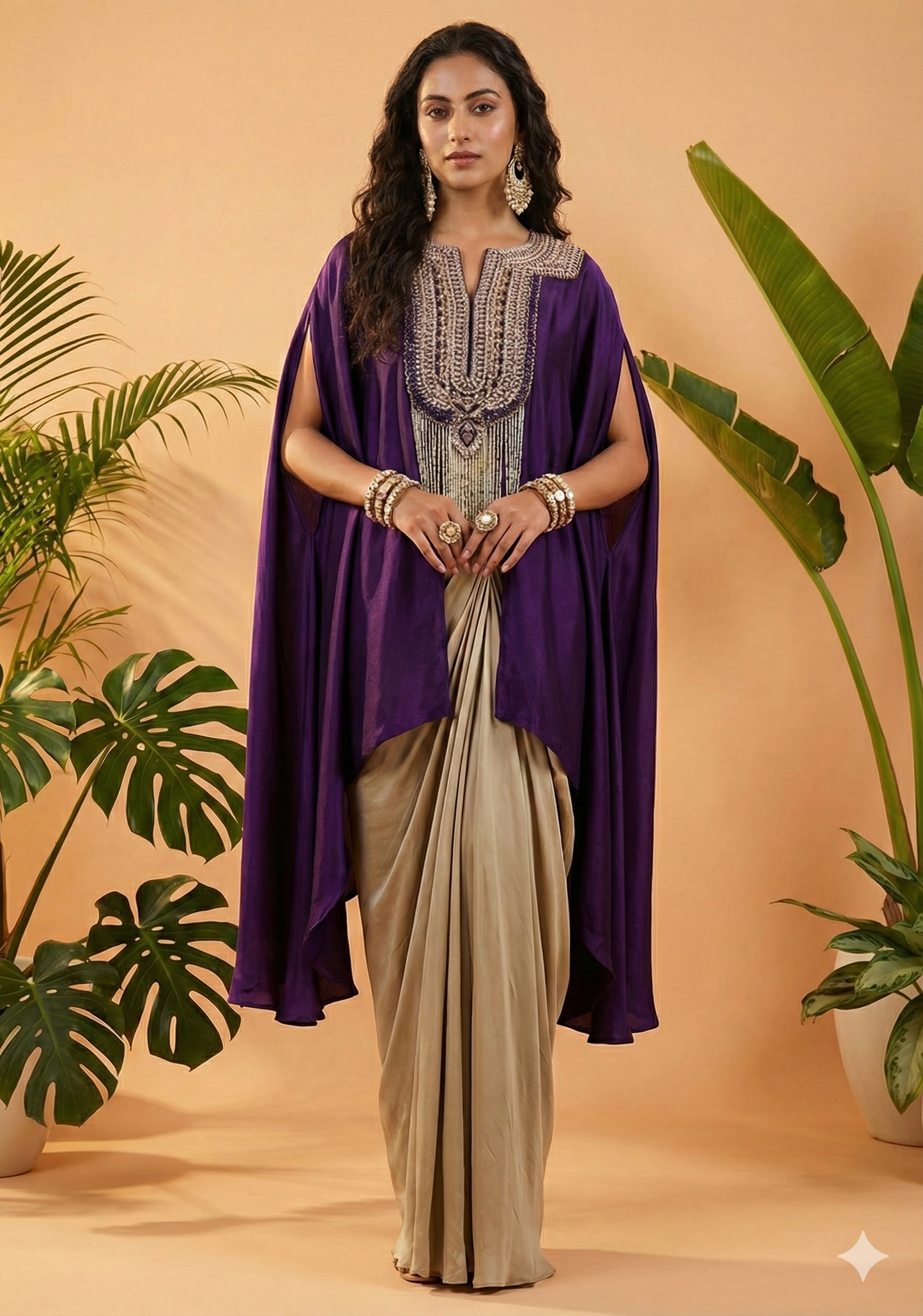 Dratishah Royal Purple Embroidered Cape Kurti with Golden Drape Skirt
