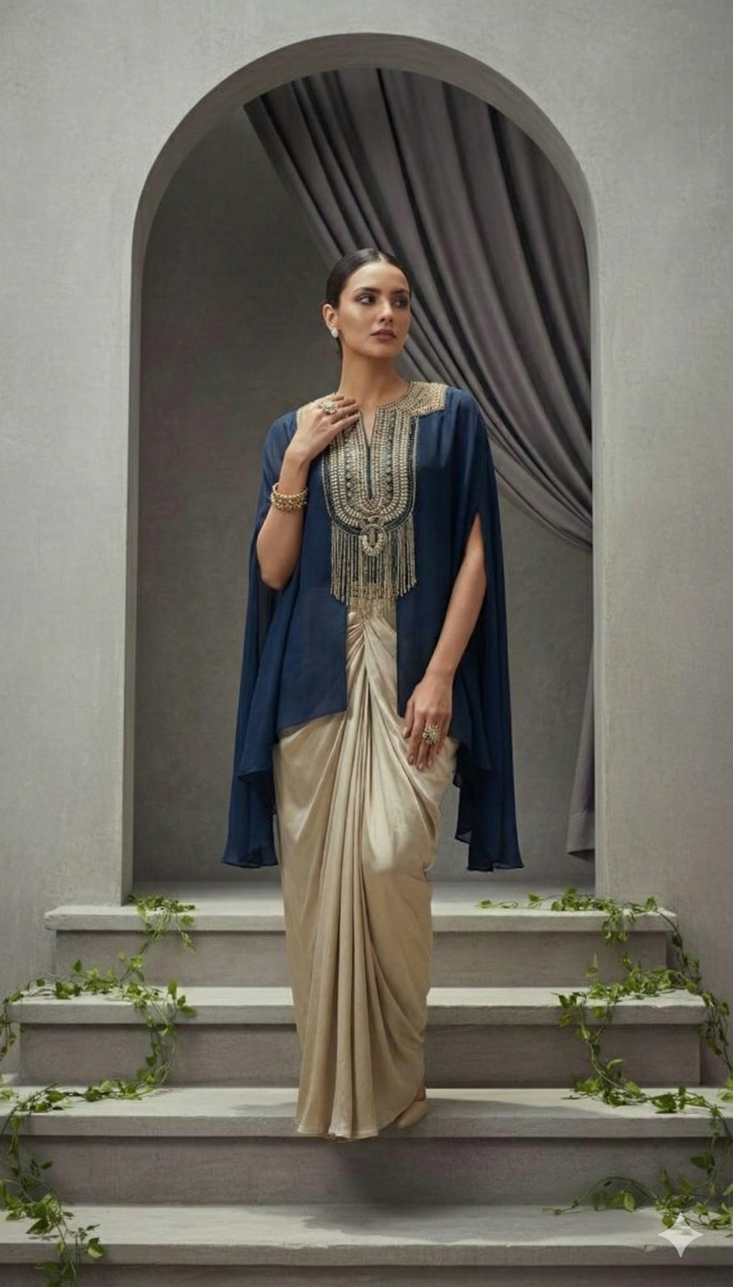 Jyoni Midnight Blue Embroidered Cape Kurti with Golden Drape Skirt