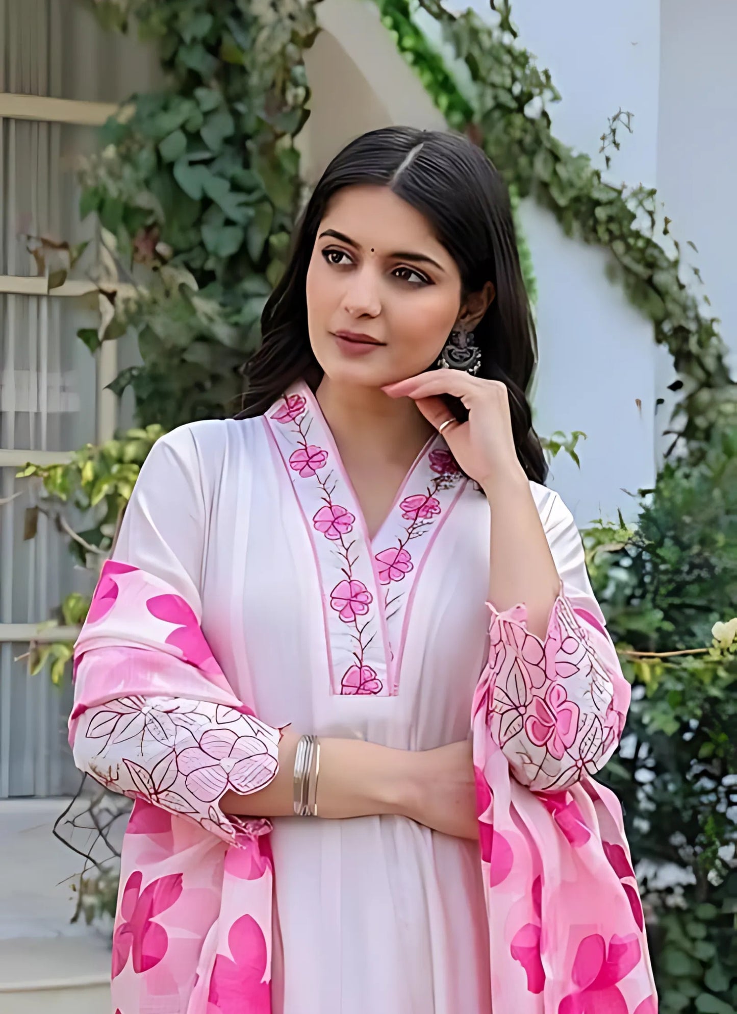 Women’s Cotton Light Pink Embroidery Anarkali Kurta Set with Printed Dupatta