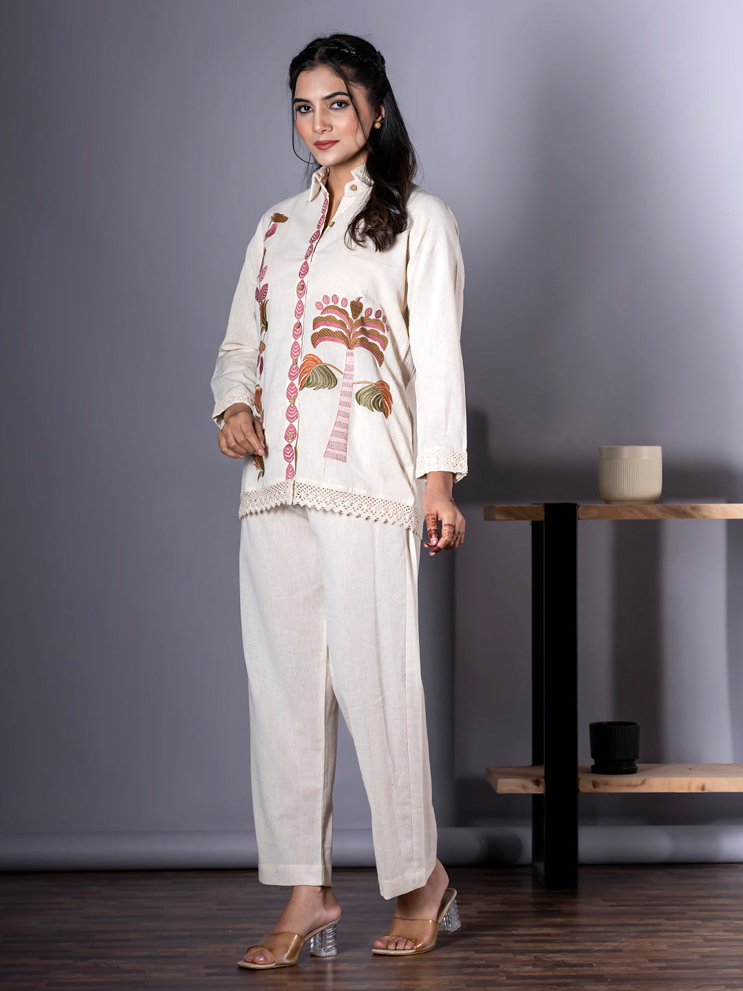 Women's Light Cream Pure Cotton Floral Embroidered Co-ord Set | Spread Collar, Long Sleeves Top with Lace Detailing & Solid Pants