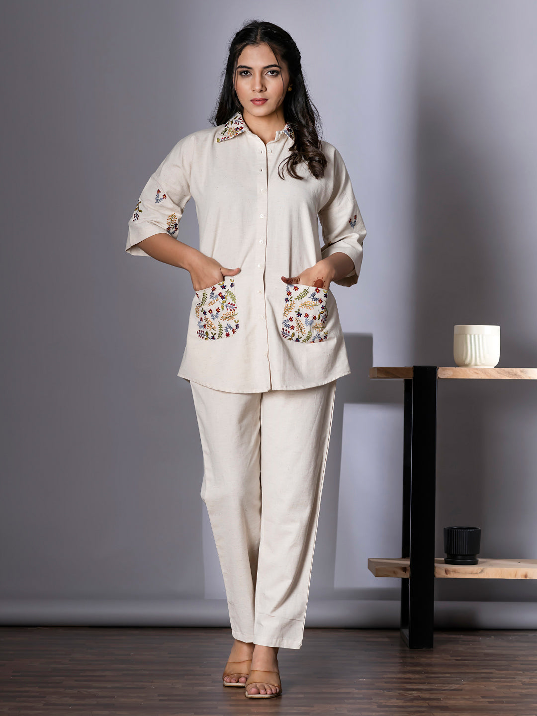 Women's Cream Pure Cotton Floral Embroidered Top and Pant Co-ord Set | Spread Collar Half Sleeves Embroidered Top and Elastic Waistband Closuer Plain Pant