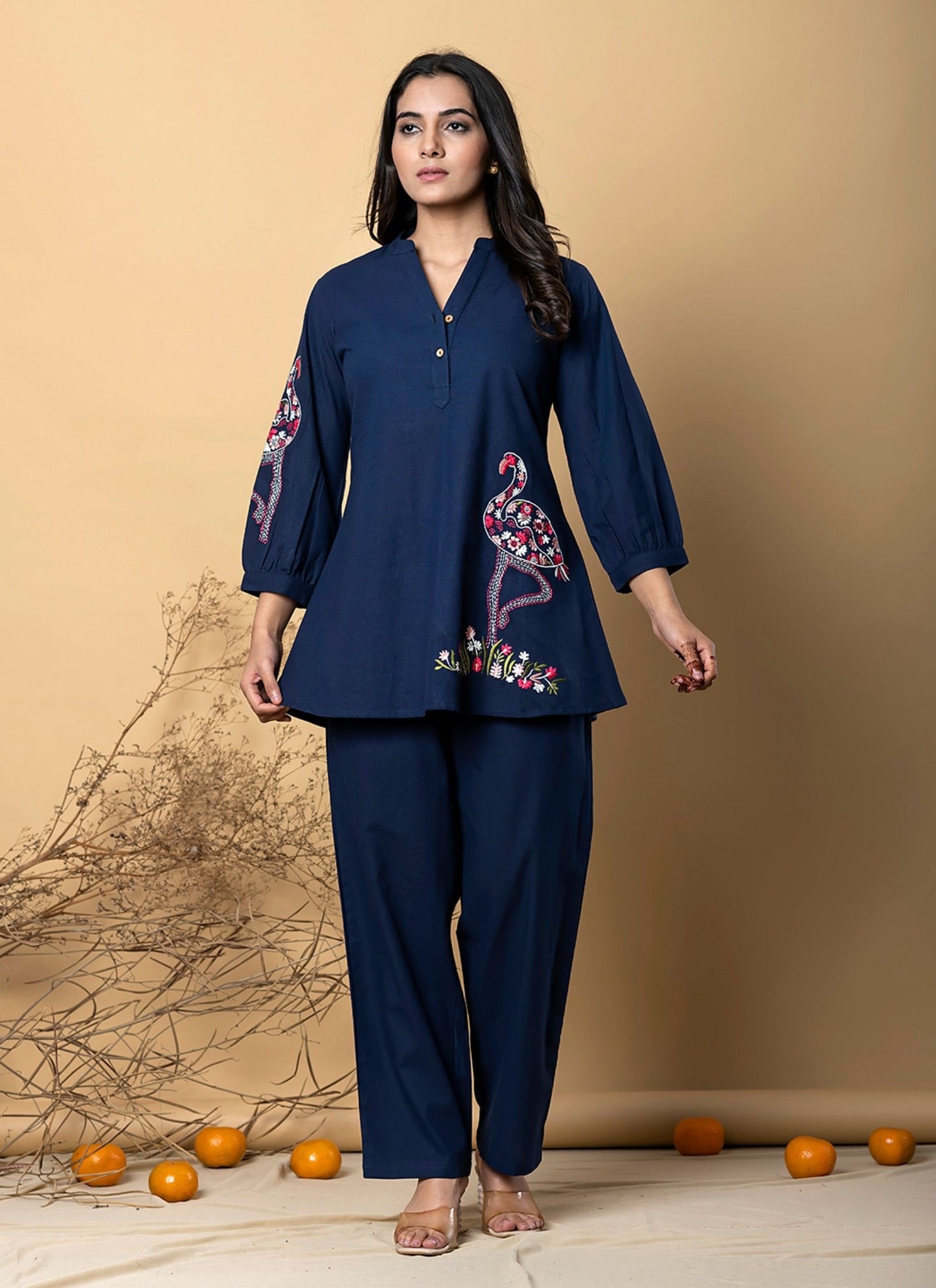 Women's Royal Blue Floral Animal Embroidered Top and Pant Co-ord Set