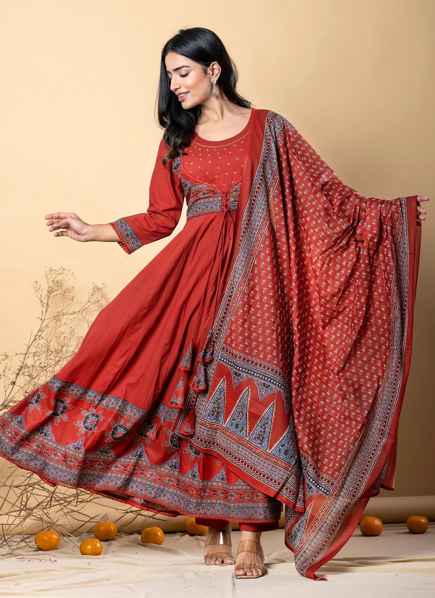 Women's Red Pure Cotton Printed Angrakha Salwar Suit Set