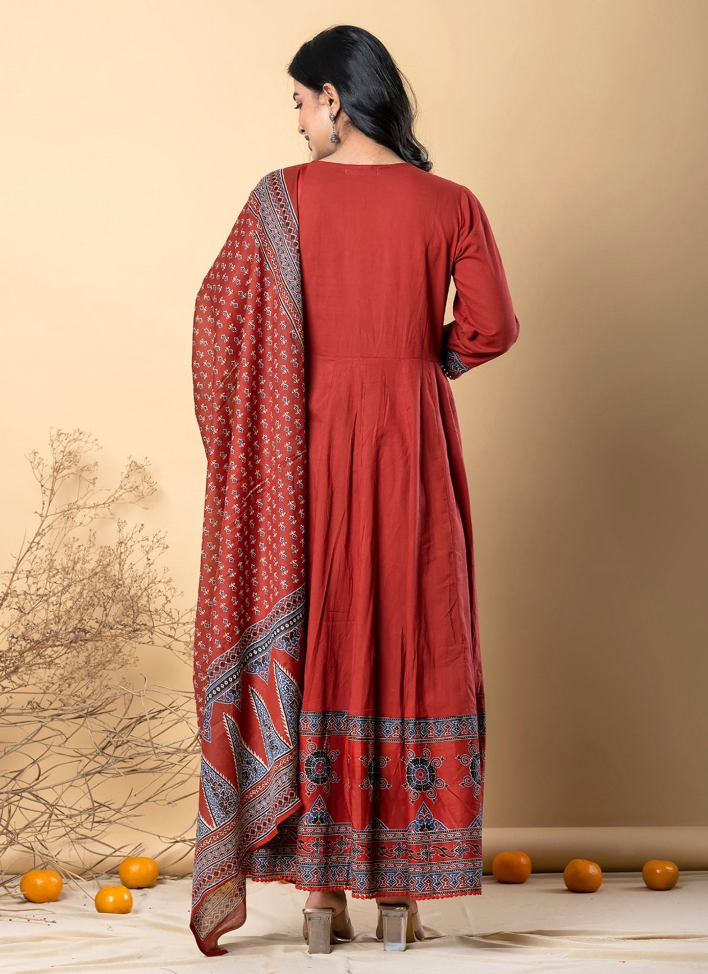 Women's Red Pure Cotton Printed Angrakha Salwar Suit Set