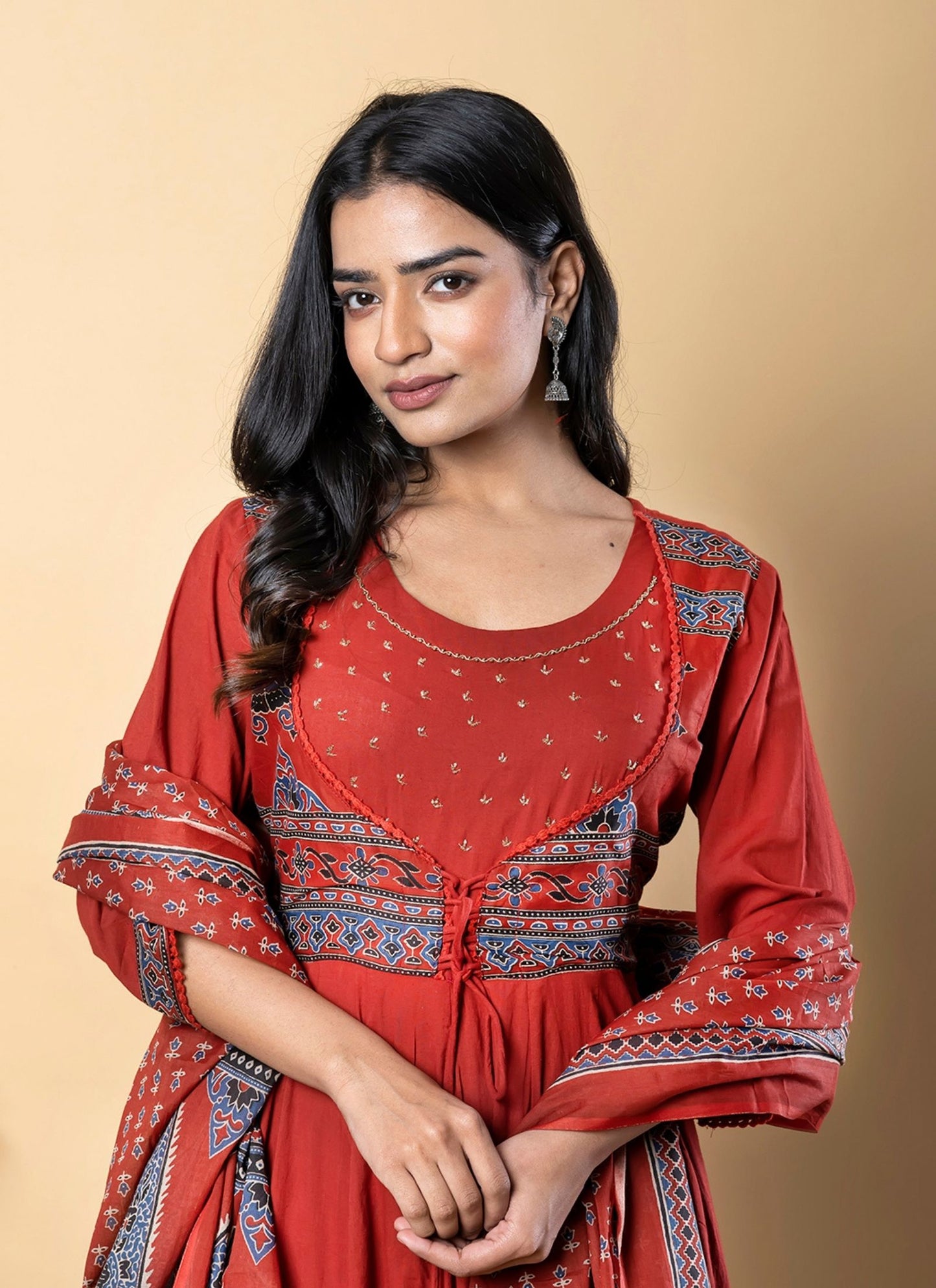 Women's Red Pure Cotton Printed Angrakha Salwar Suit Set