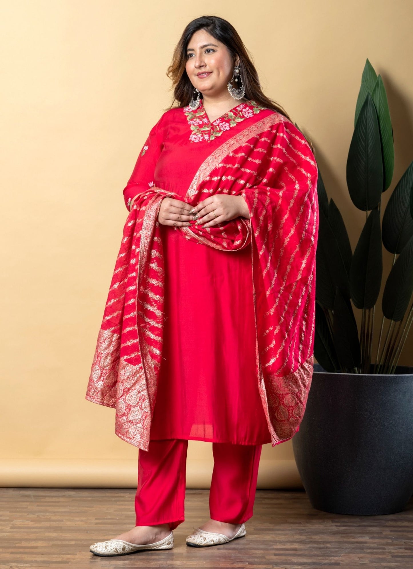 Women's Ligth Red Pure Cotton Embroidered Salwar Suit Set