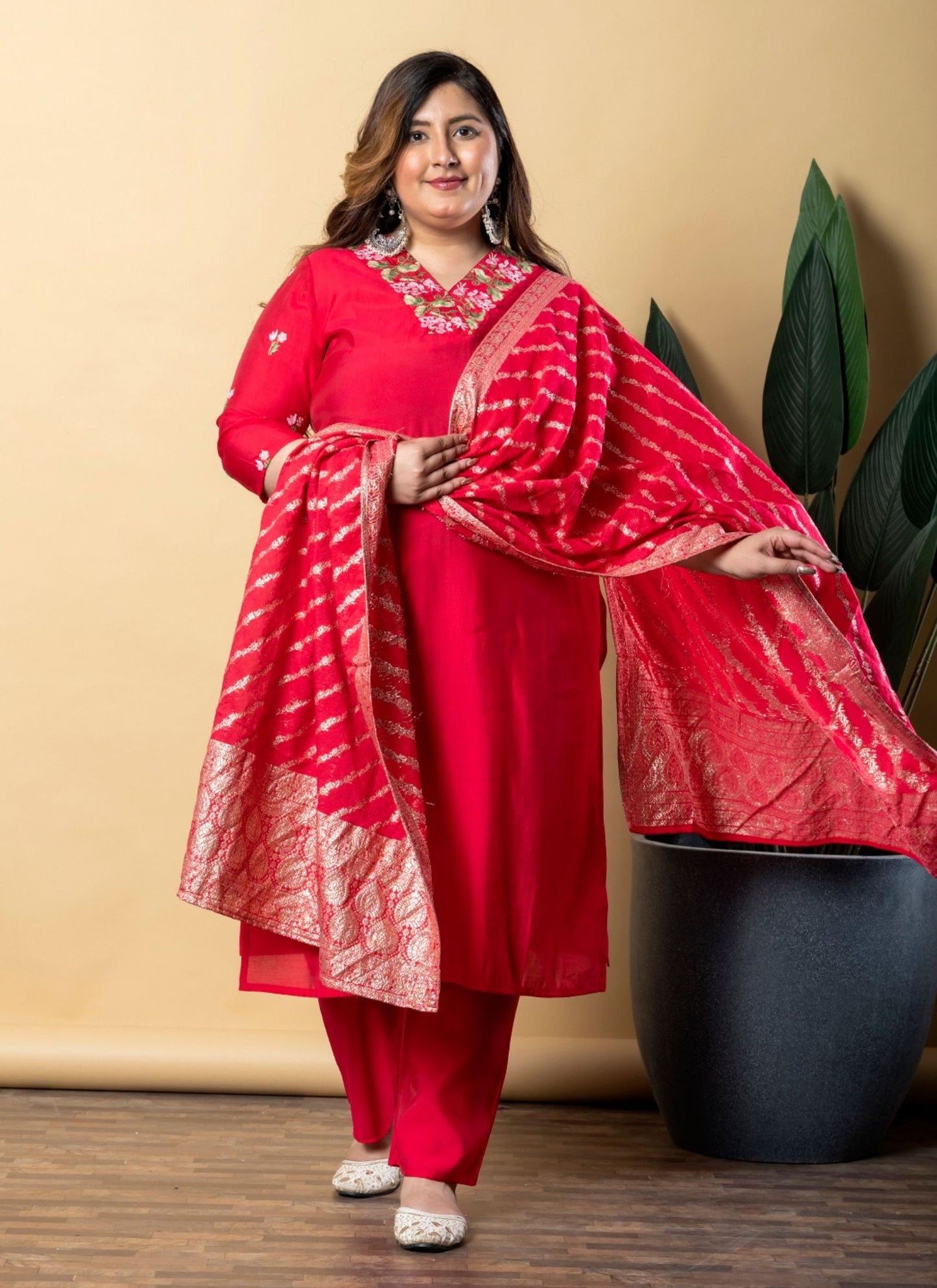 Women's Ligth Red Pure Cotton Embroidered Salwar Suit Set