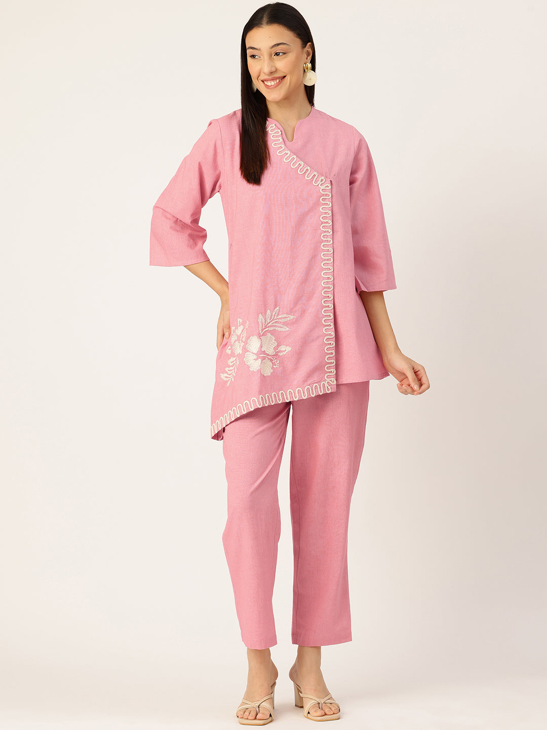 Women's Cotton Pink Embroidered Co-ord Set | Asymmetric Kurta with Straight Pant