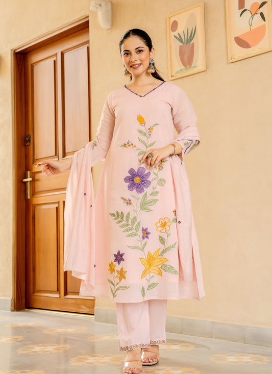 🌷 Blush Bloom Hand-Embroidered Cotton Suit Set