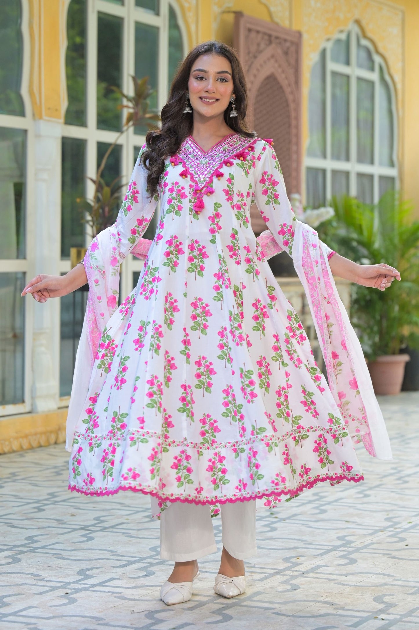 Women’s Ethnic Wear White Floral Pure Cotton Anarkali Kurta Pant Set with Dupatta