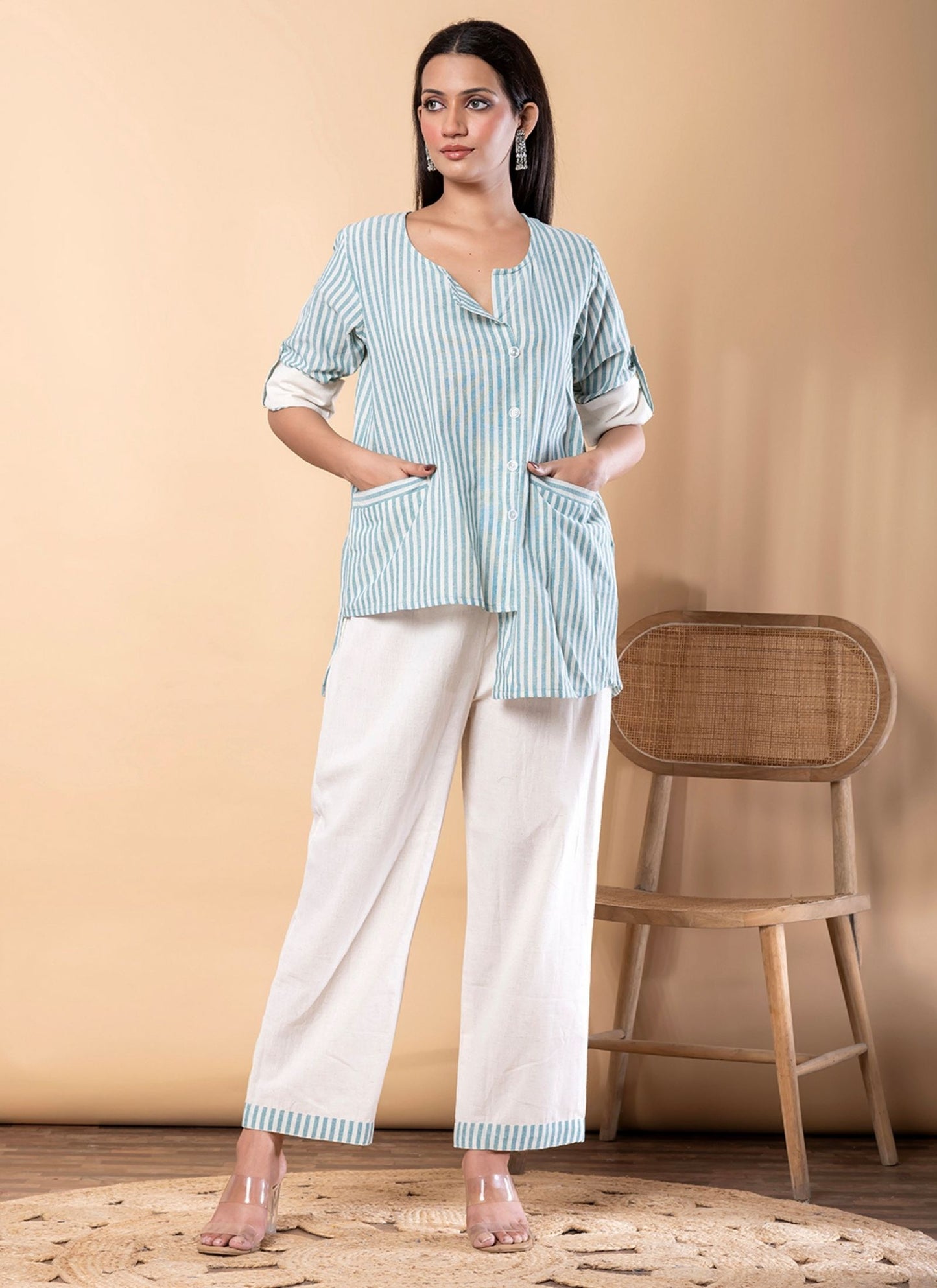 Women's Blue & Off-White Striped Printed Co-ord Set | Stylish Top with Solid Pant for Casual Wear