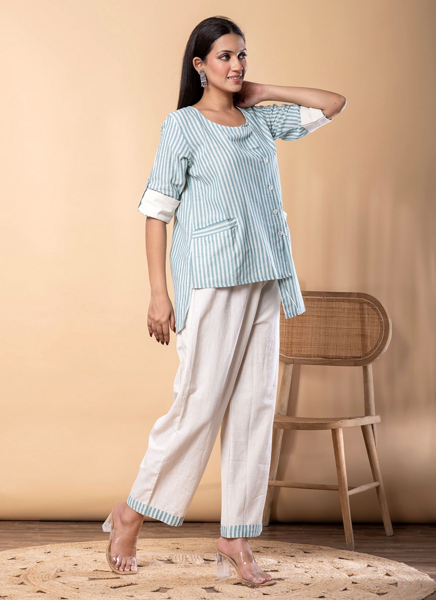 Women's Blue & Off-White Striped Printed Co-ord Set | Stylish Top with Solid Pant for Casual Wear
