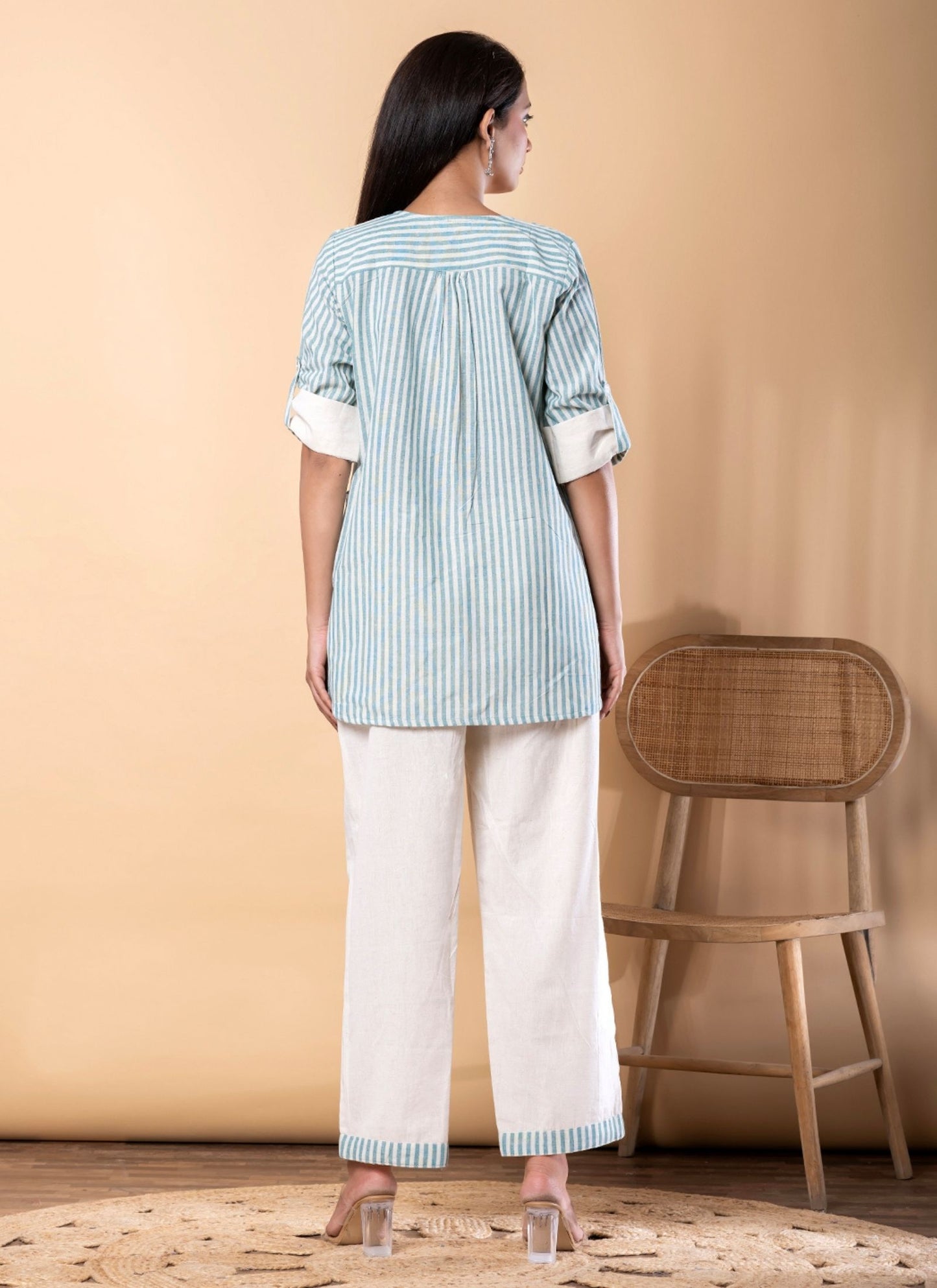 Women's Blue & Off-White Striped Printed Co-ord Set | Stylish Top with Solid Pant for Casual Wear