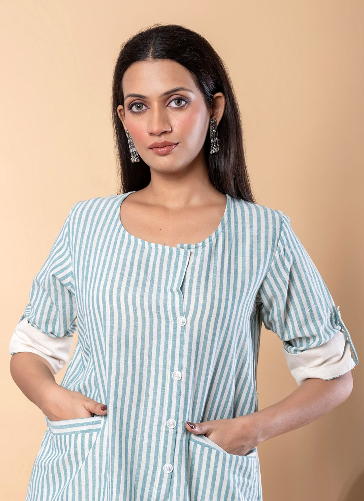 Women's Blue & Off-White Striped Printed Co-ord Set | Stylish Top with Solid Pant for Casual Wear