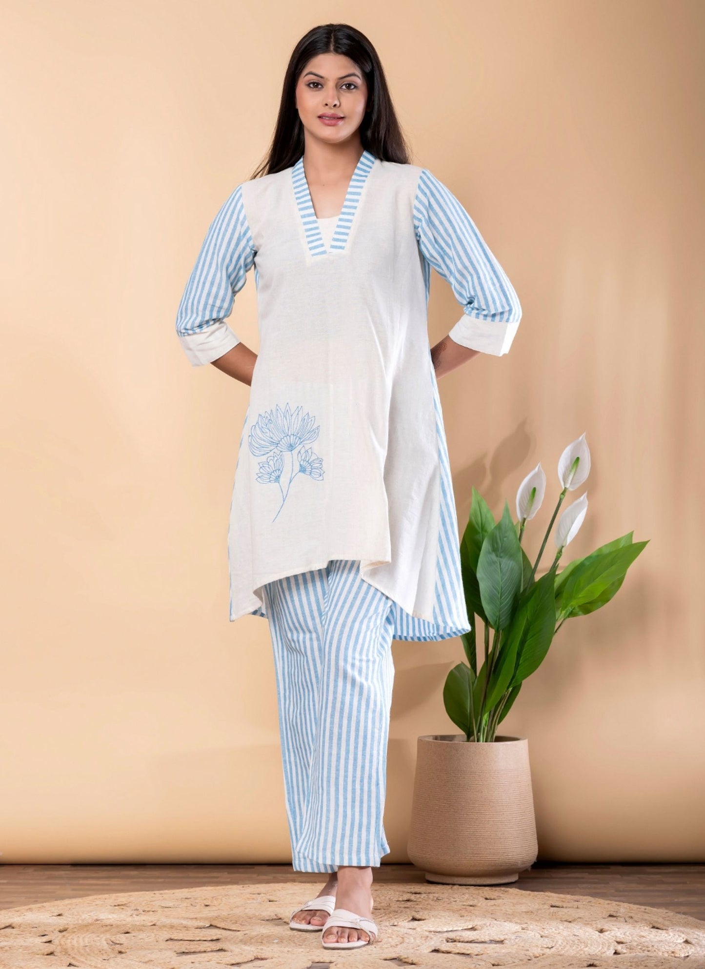 Women's Blue & Off-White Striped Print with Floral Embroidered Co-ord Set