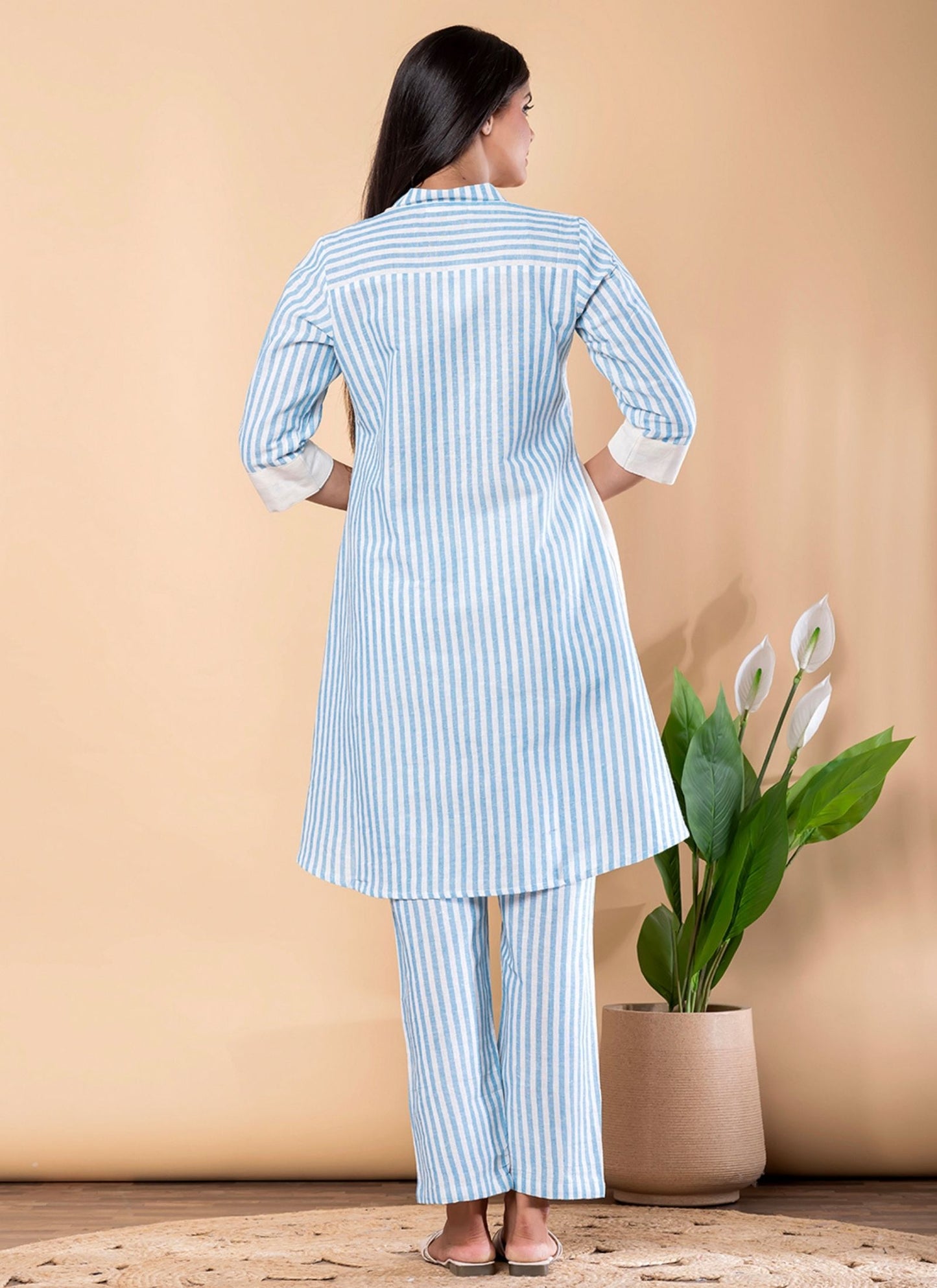 Women's Blue & Off-White Striped Print with Floral Embroidered Co-ord Set