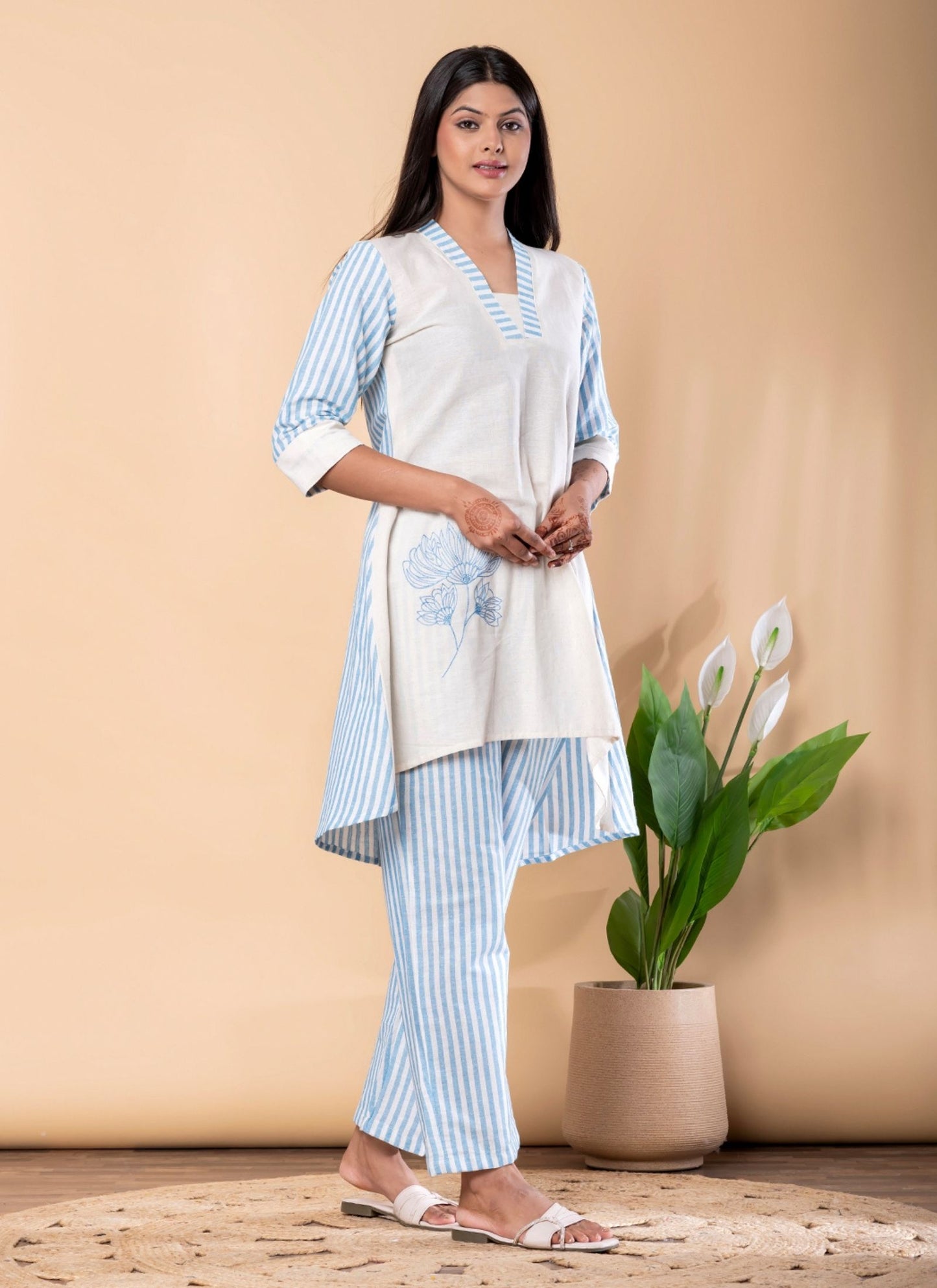 Women's Blue & Off-White Striped Print with Floral Embroidered Co-ord Set