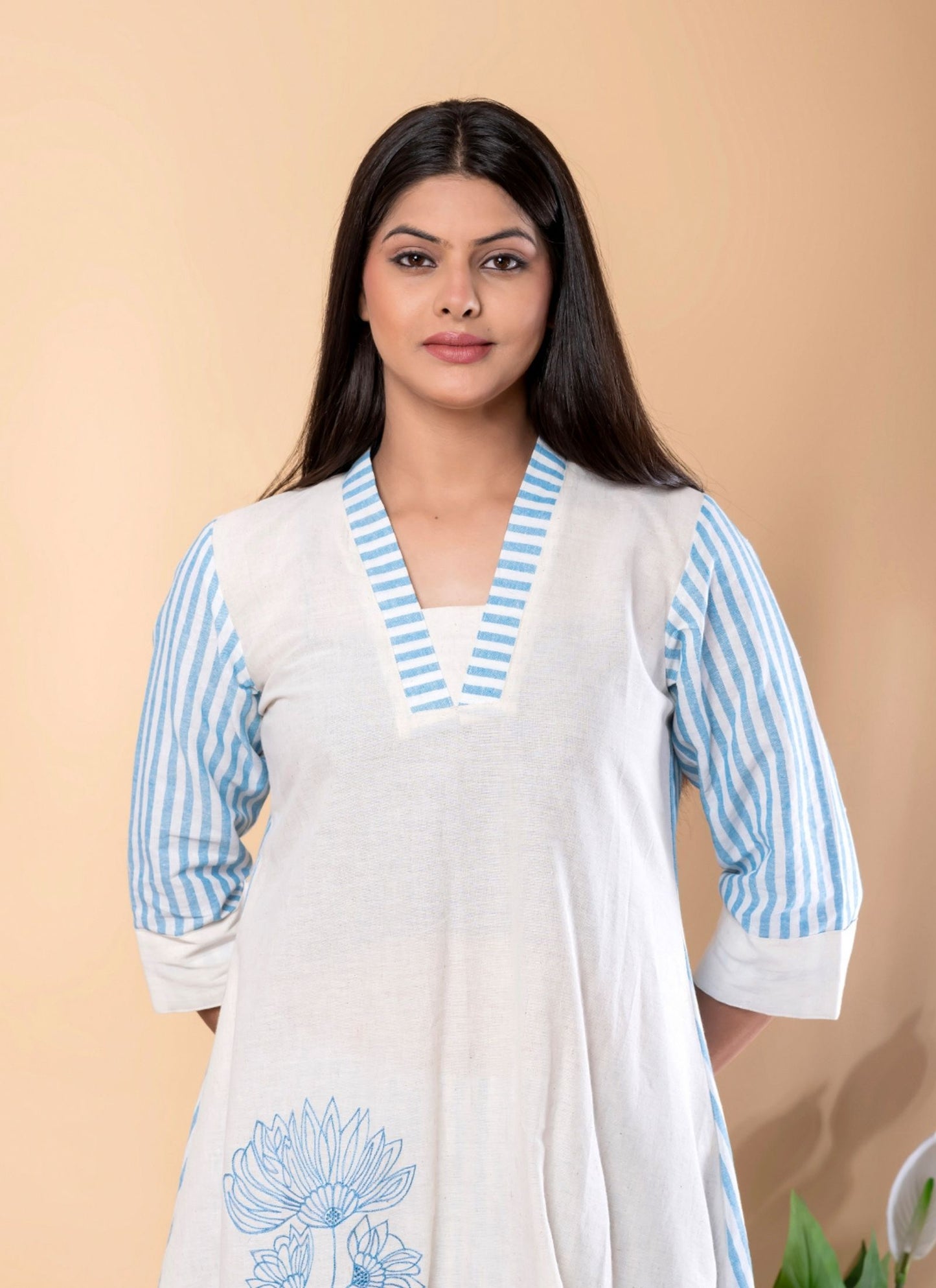 Women's Blue & Off-White Striped Print with Floral Embroidered Co-ord Set