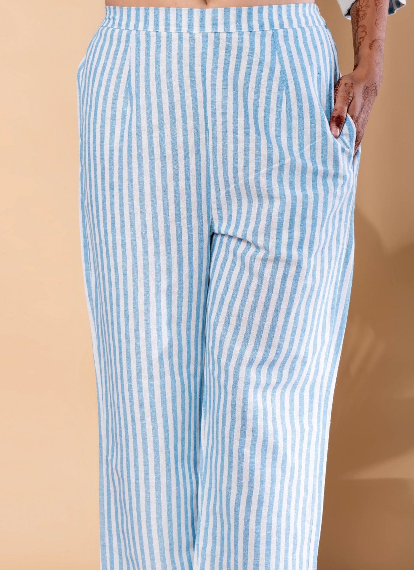 Women's Blue & Off-White Striped Print with Floral Embroidered Co-ord Set