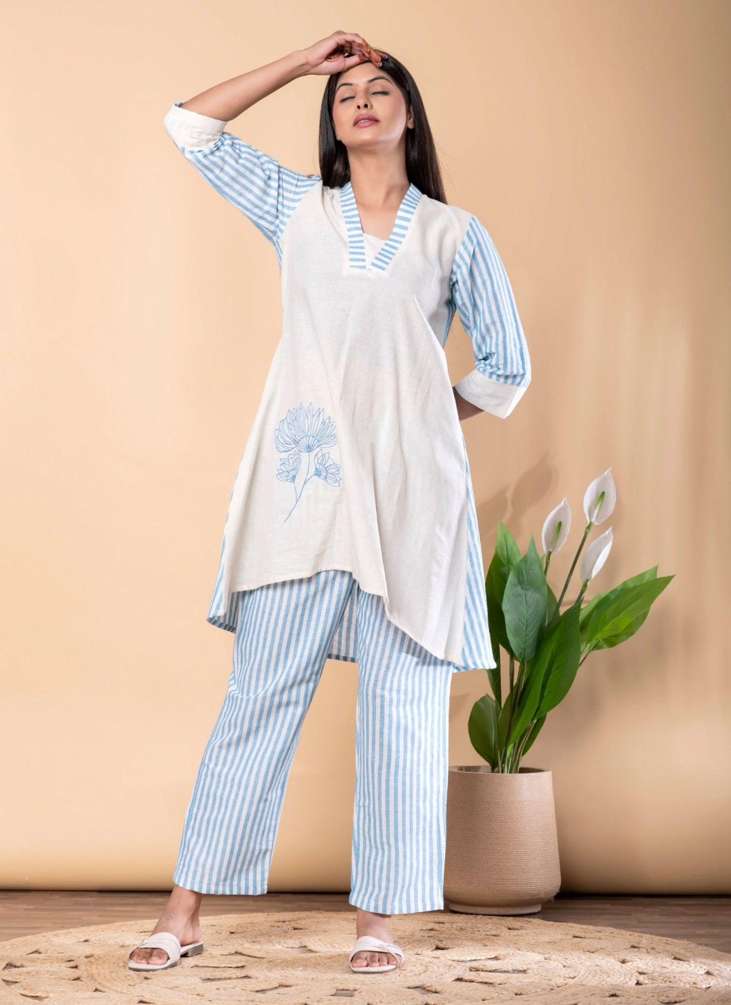 Women's Blue & Off-White Striped Print with Floral Embroidered Co-ord Set