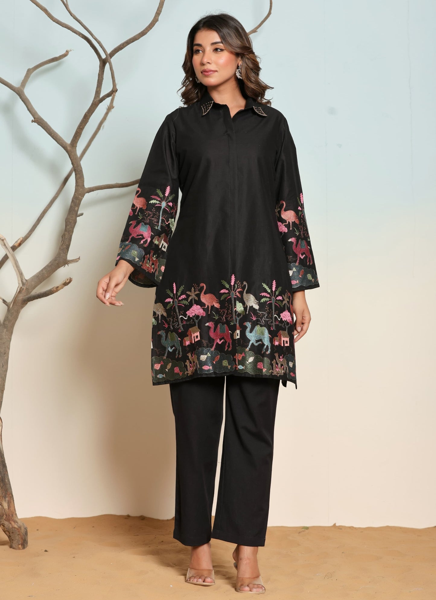 Women’s Cotton Black Embroidered Kurti and Pant Set with Spread Collar and Long Sleeves