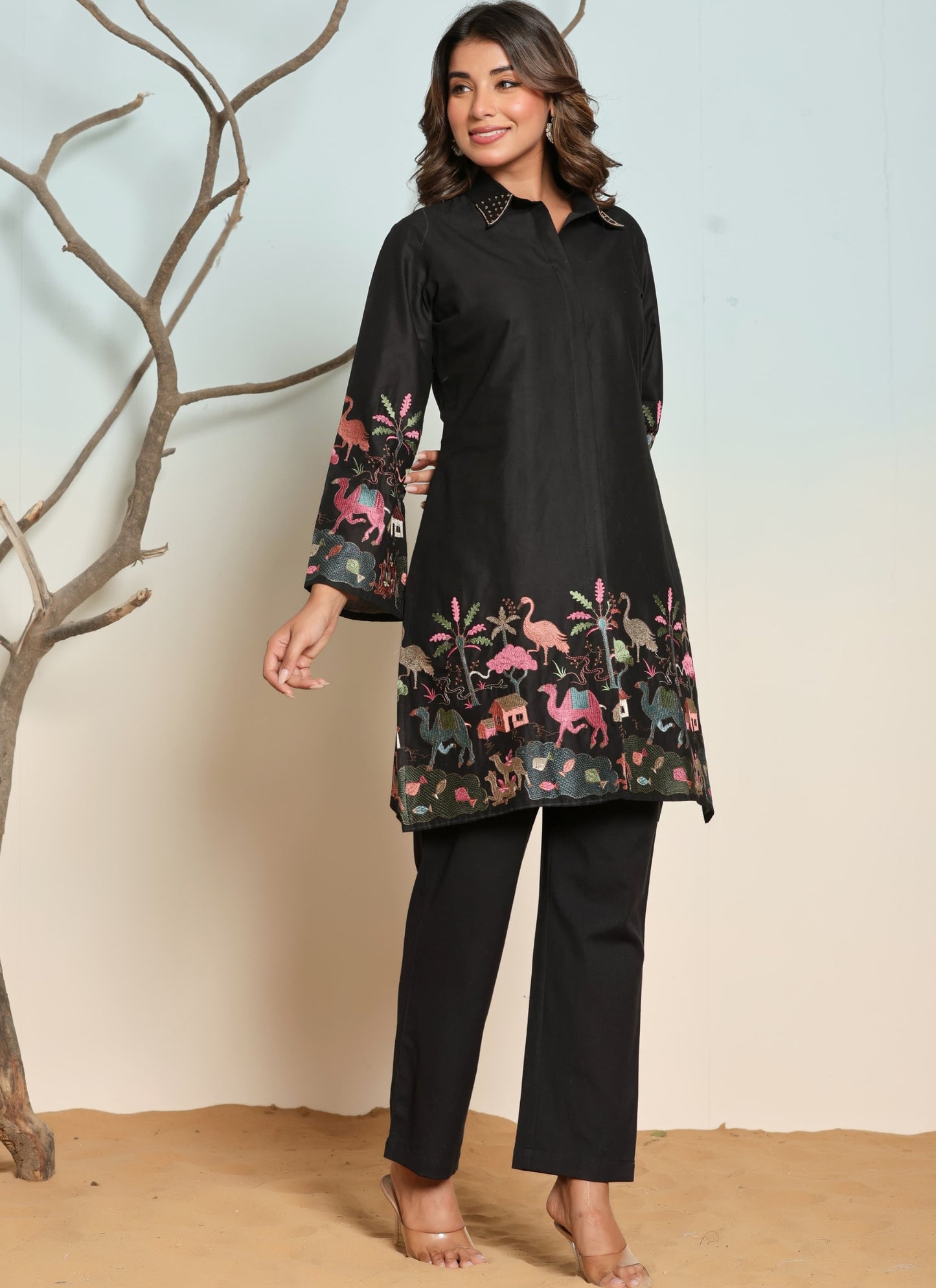 Women’s Cotton Black Embroidered Kurti and Pant Set with Spread Collar and Long Sleeves