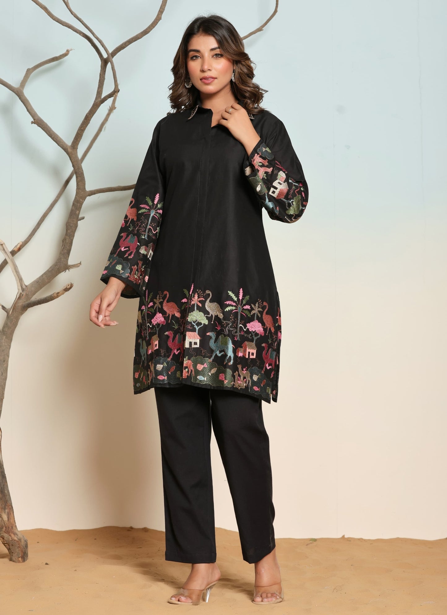 Women’s Cotton Black Embroidered Kurti and Pant Set with Spread Collar and Long Sleeves