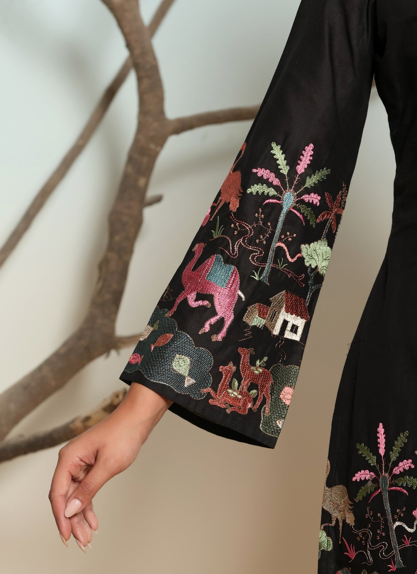 Women’s Cotton Black Embroidered Kurti and Pant Set with Spread Collar and Long Sleeves