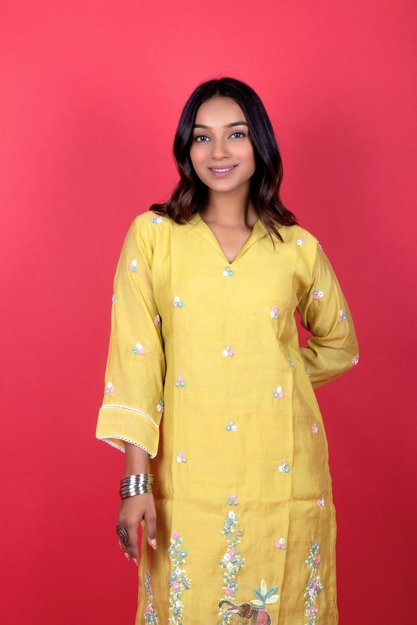 πΌ Radiant Yellow Embroidered Kurti Palazzo Set Elephant Motif πβ¨