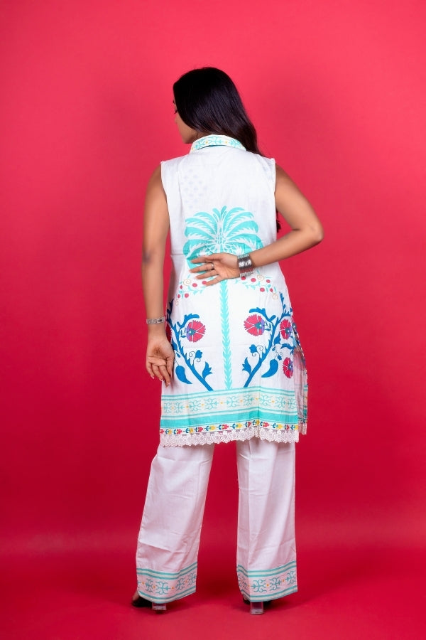 πΊ Multicolor Sleeveless Printed Kurti & Pant Set with Neckpiece