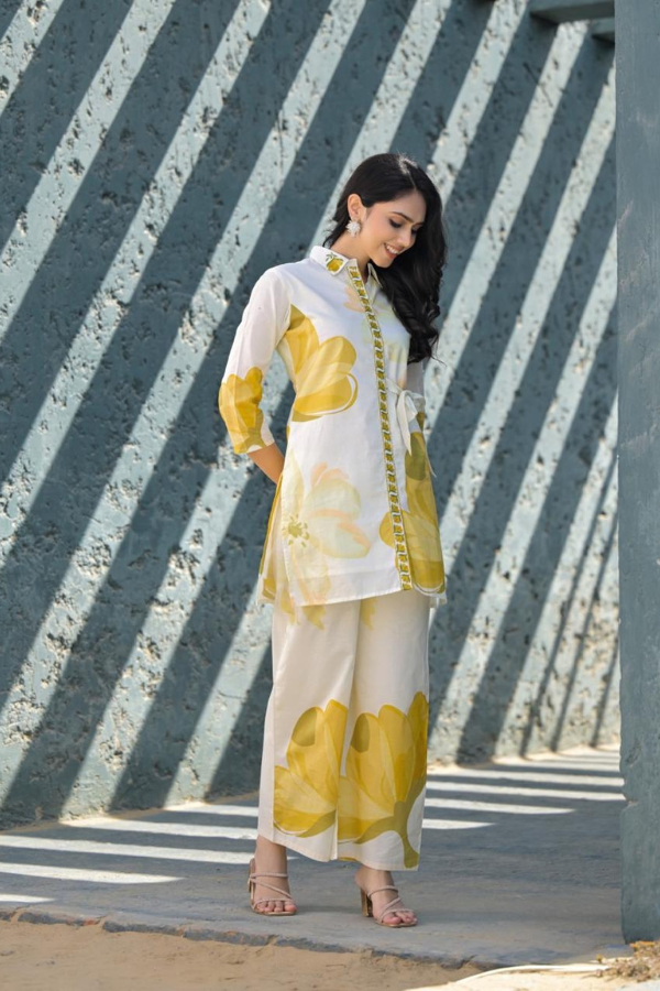 Sunny Bloom Co-ord Set ๐ผ๐ฟ | Elegant White & Yellow Floral Cotton Outfit for Women