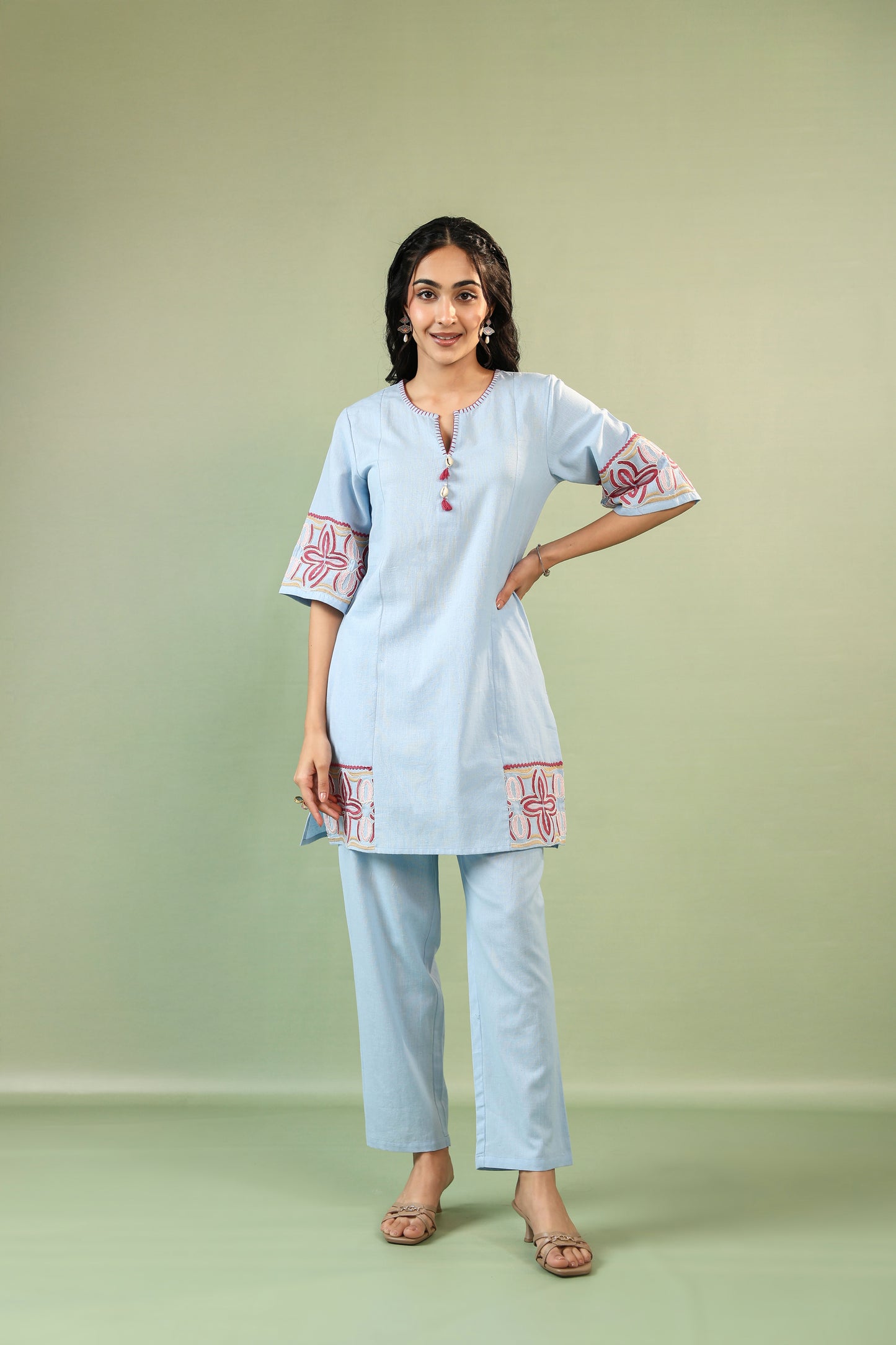 π Powder Blue Hand-Embroidered Cotton Co-Ord Set