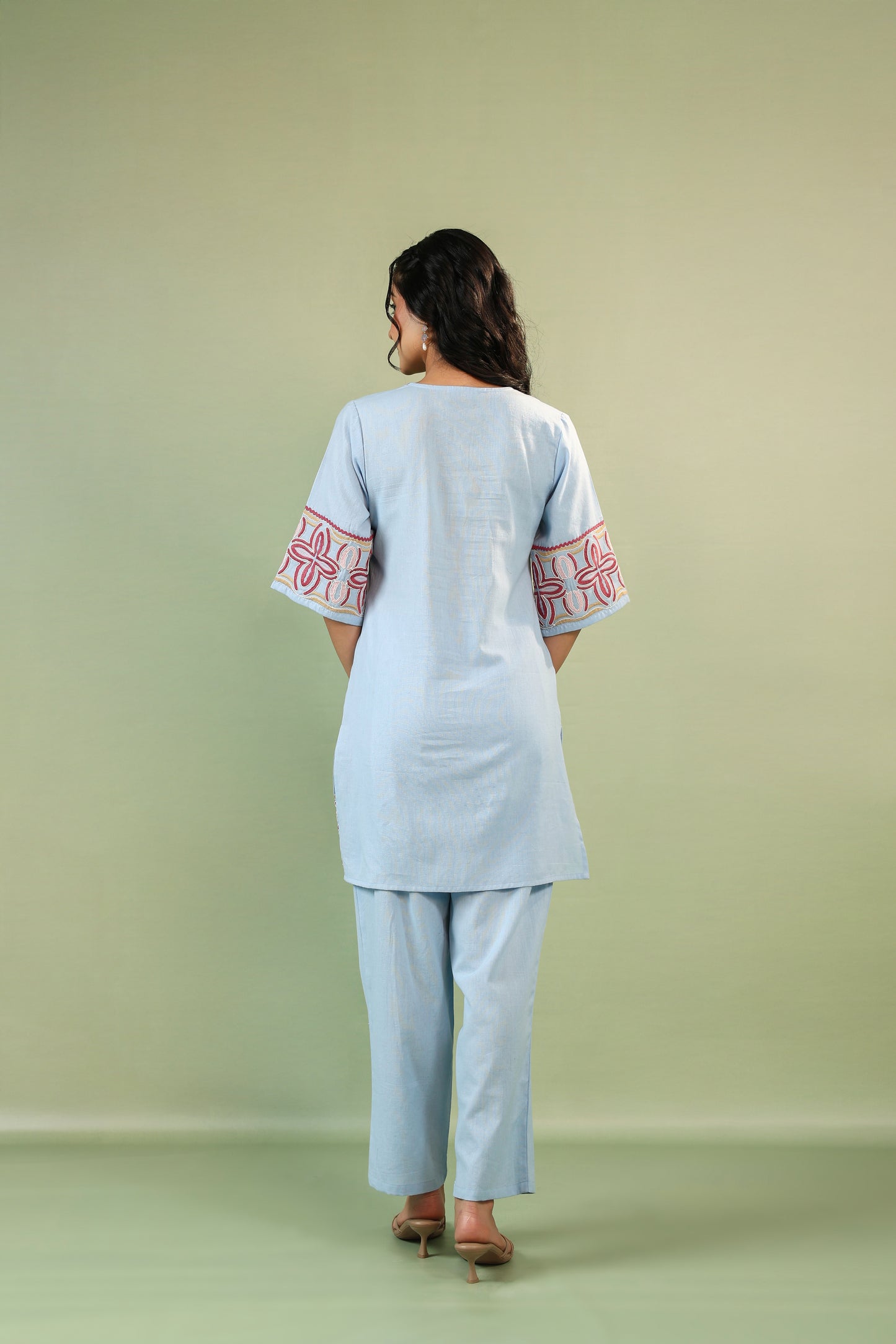 π Powder Blue Hand-Embroidered Cotton Co-Ord Set