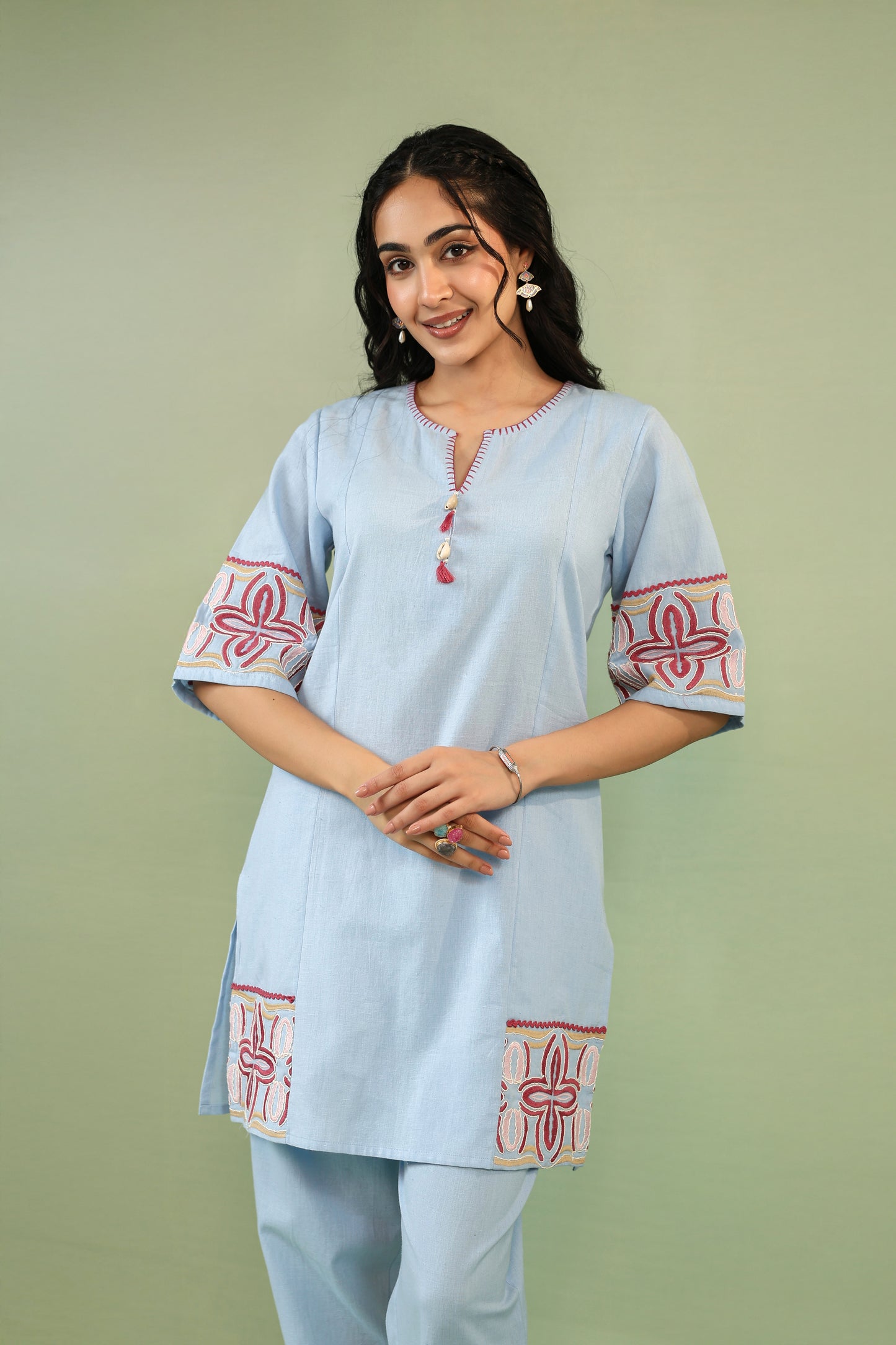 π Powder Blue Hand-Embroidered Cotton Co-Ord Set
