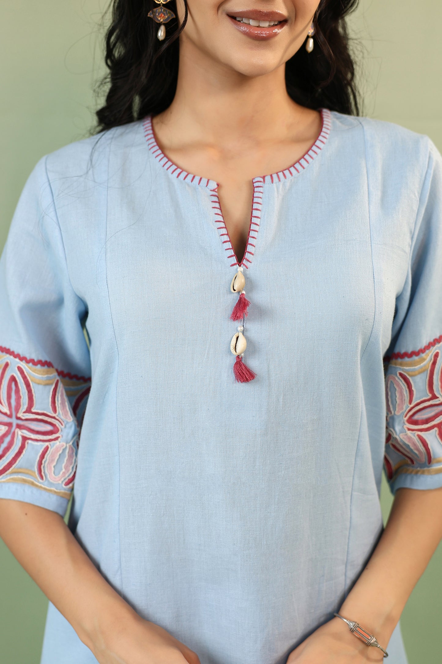 π Powder Blue Hand-Embroidered Cotton Co-Ord Set