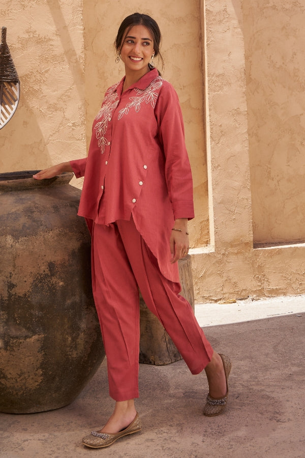 Red Co-Ord Set for Women | White Embroidered Collar & Front | Stylish Ethnic Wear