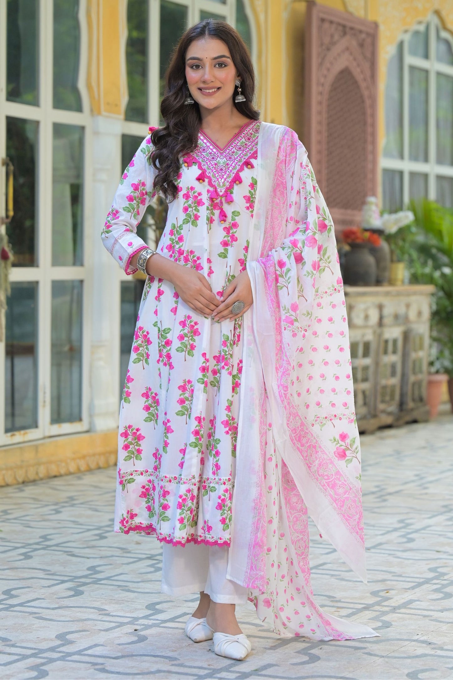 Women’s Ethnic Wear White Floral Pure Cotton Anarkali Kurta Pant Set with Dupatta