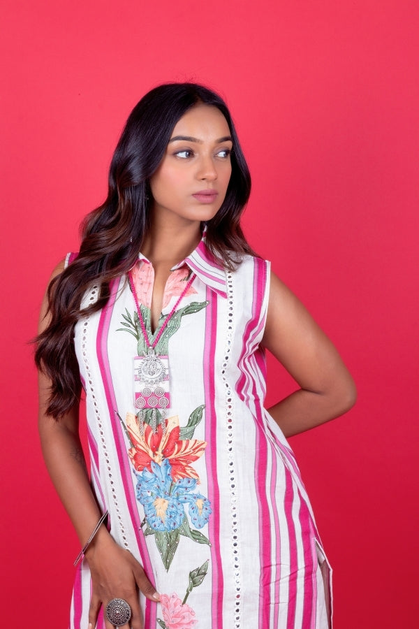 πΈ Elegant Pink & White Floral Embroidered Co-ord Set