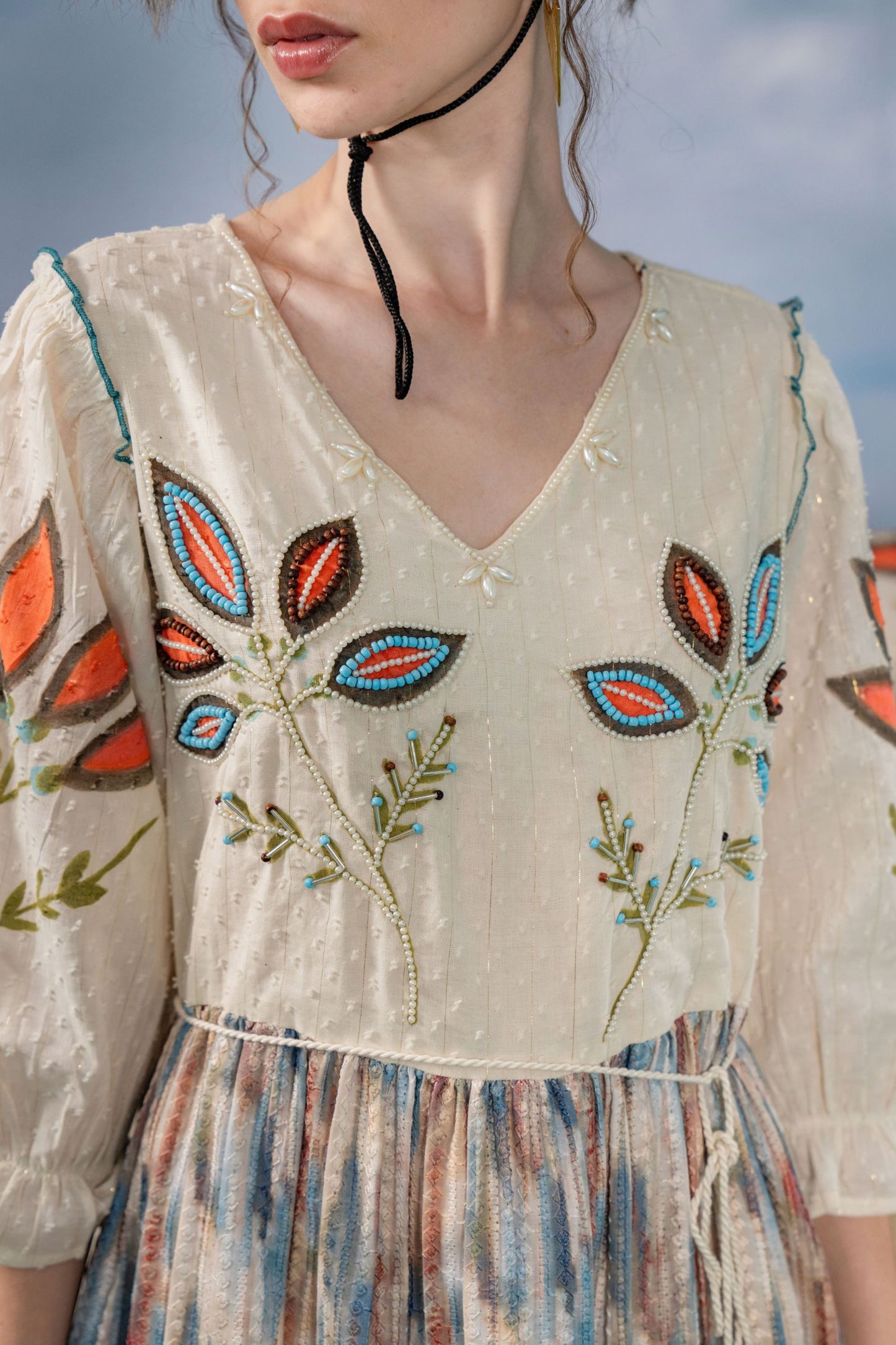 Women's Bohemian Cream Embroidered Flared Dress | V-Neck A-Line Tunic